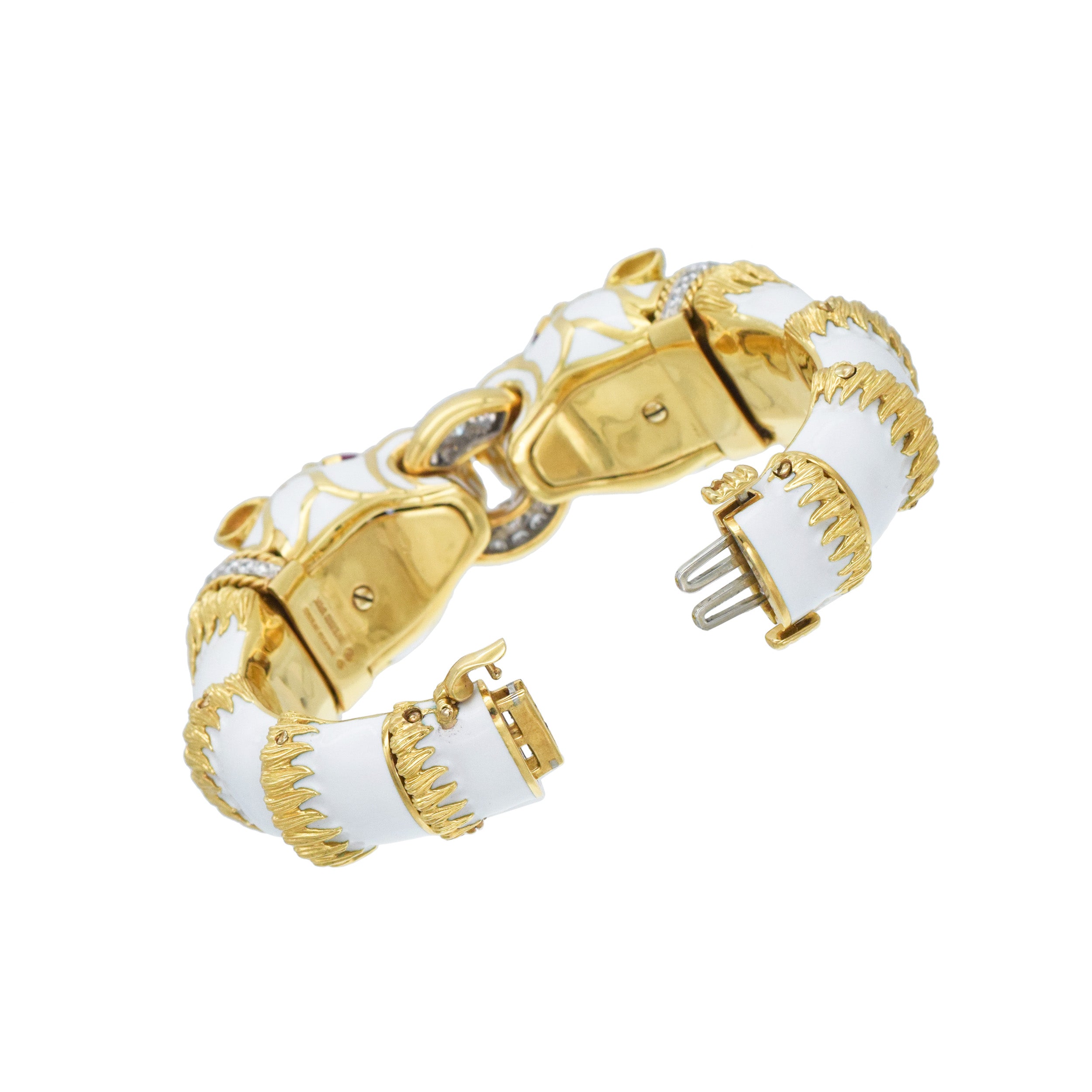 David Webb White Enamel, Diamond & Ruby Double Panthere Head Bracelet In Gold & Platinum