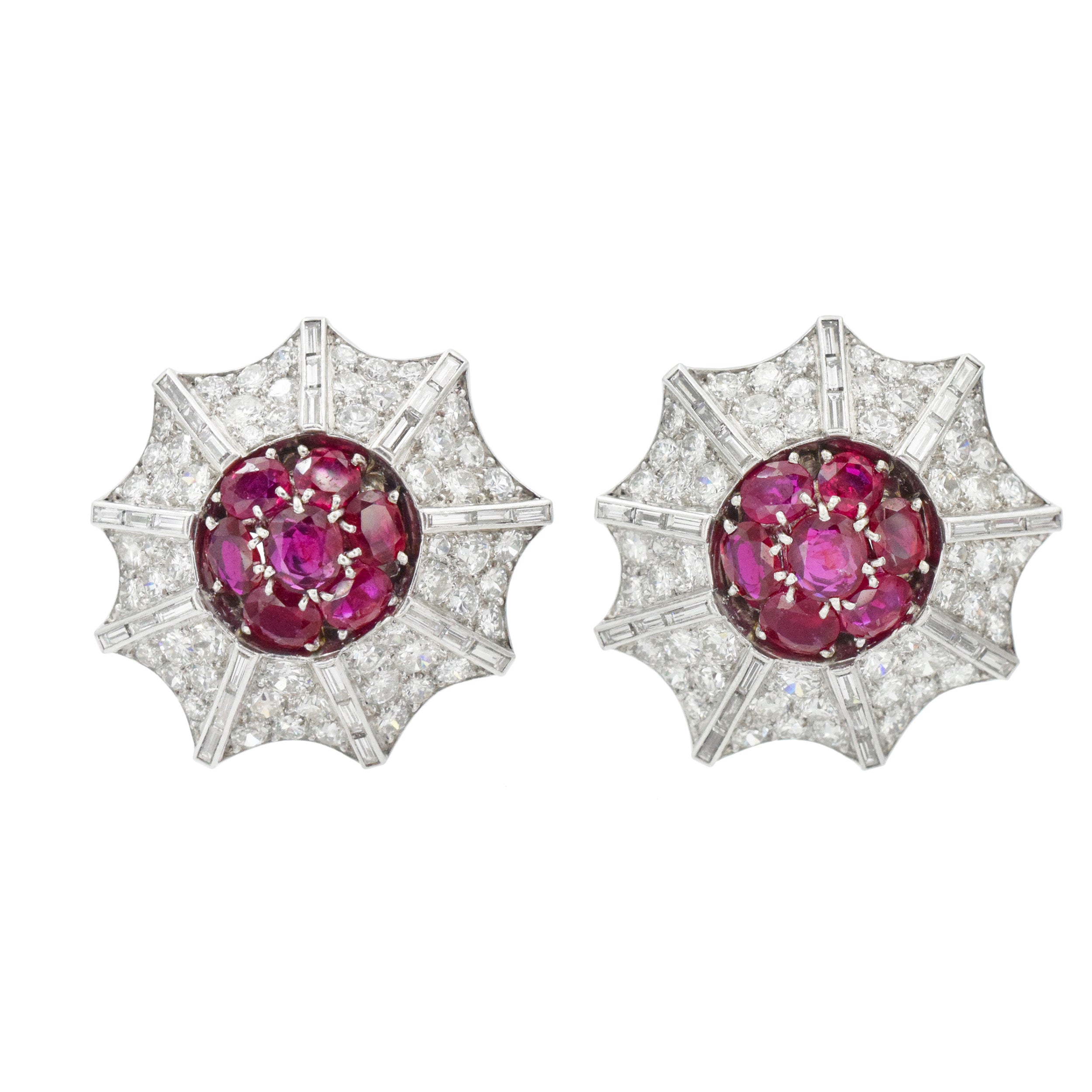 Circular Diamond and Ruby Earrings in Platinum and White Gold.