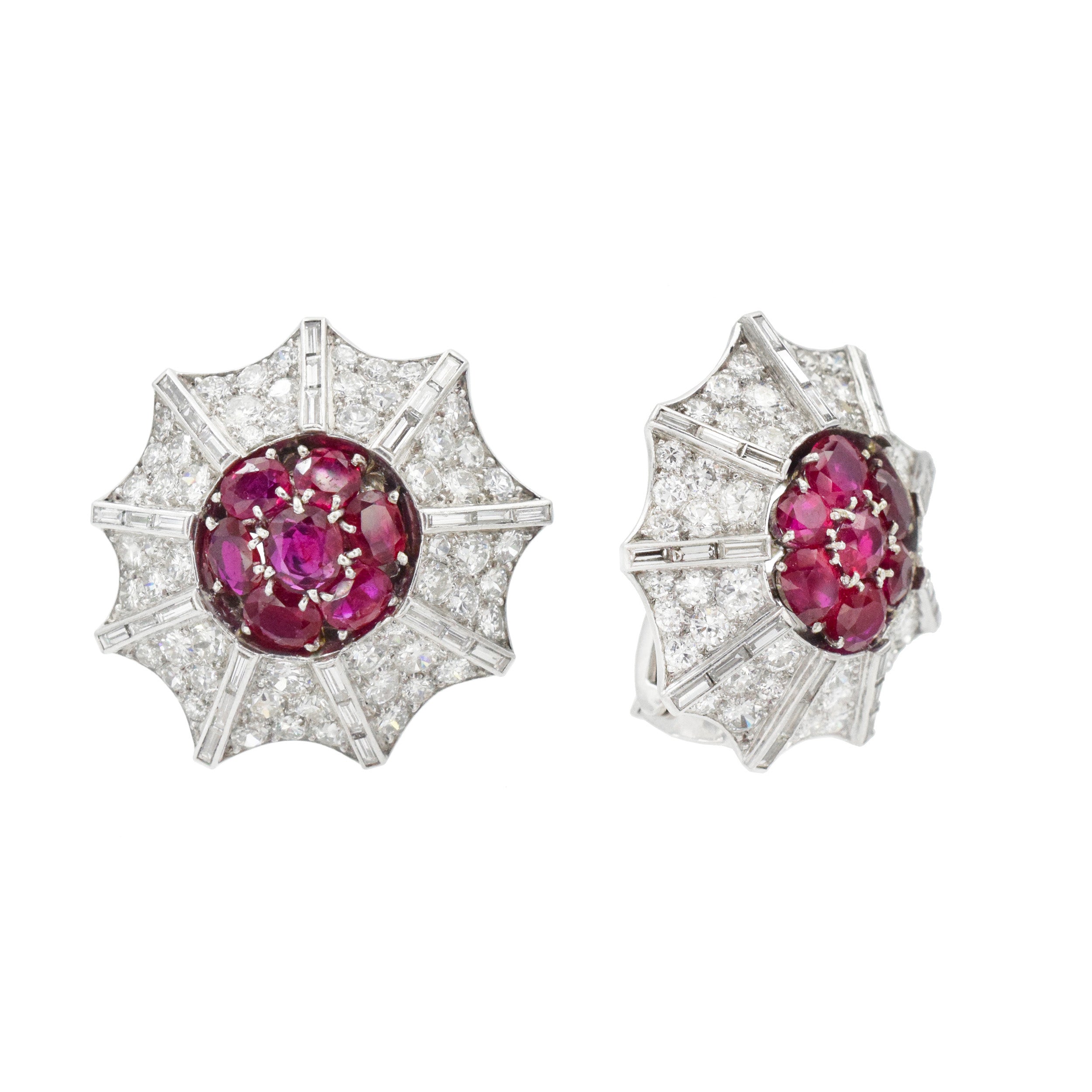 Circular Diamond and Ruby Earrings in Platinum and White Gold.