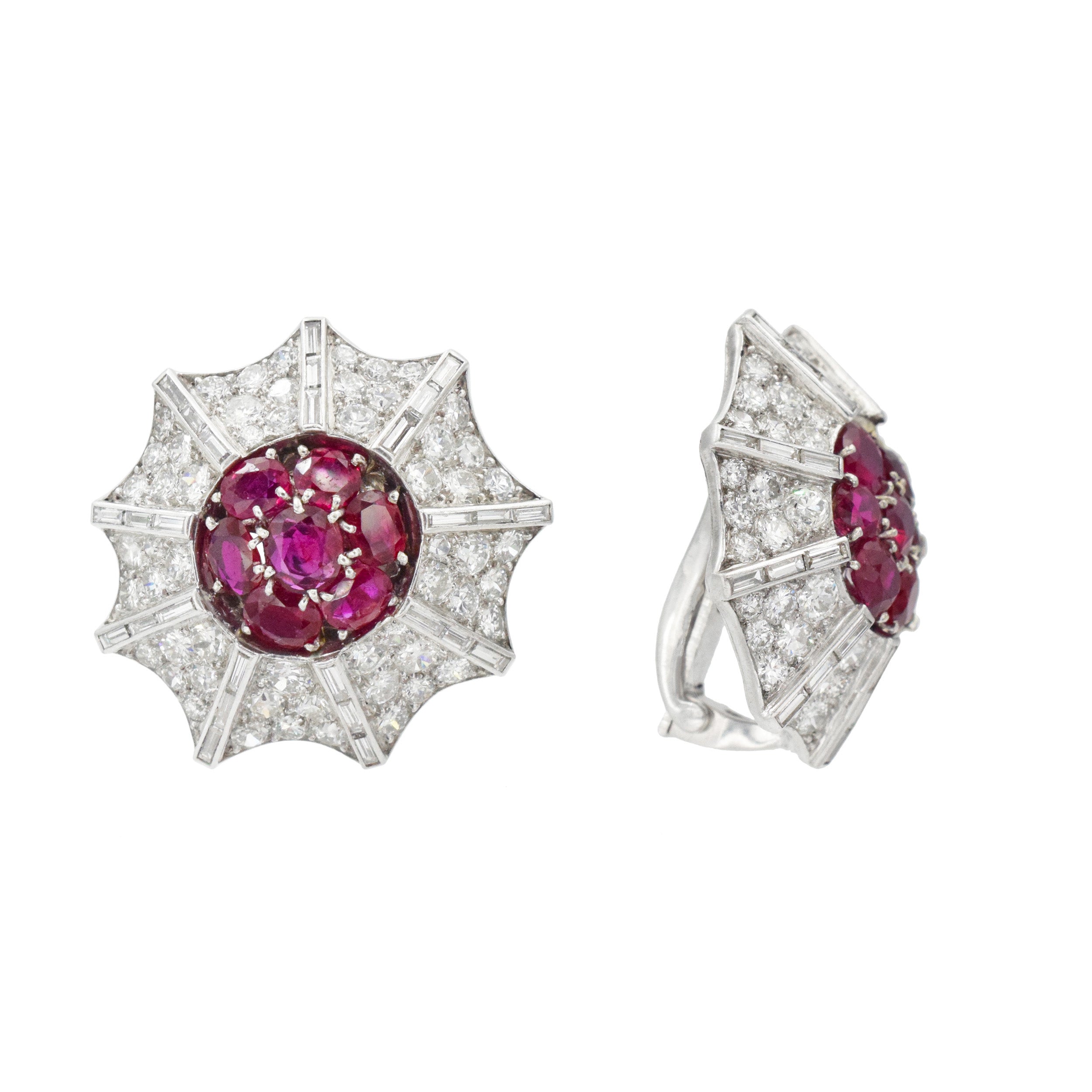Circular Diamond and Ruby Earrings in Platinum and White Gold.