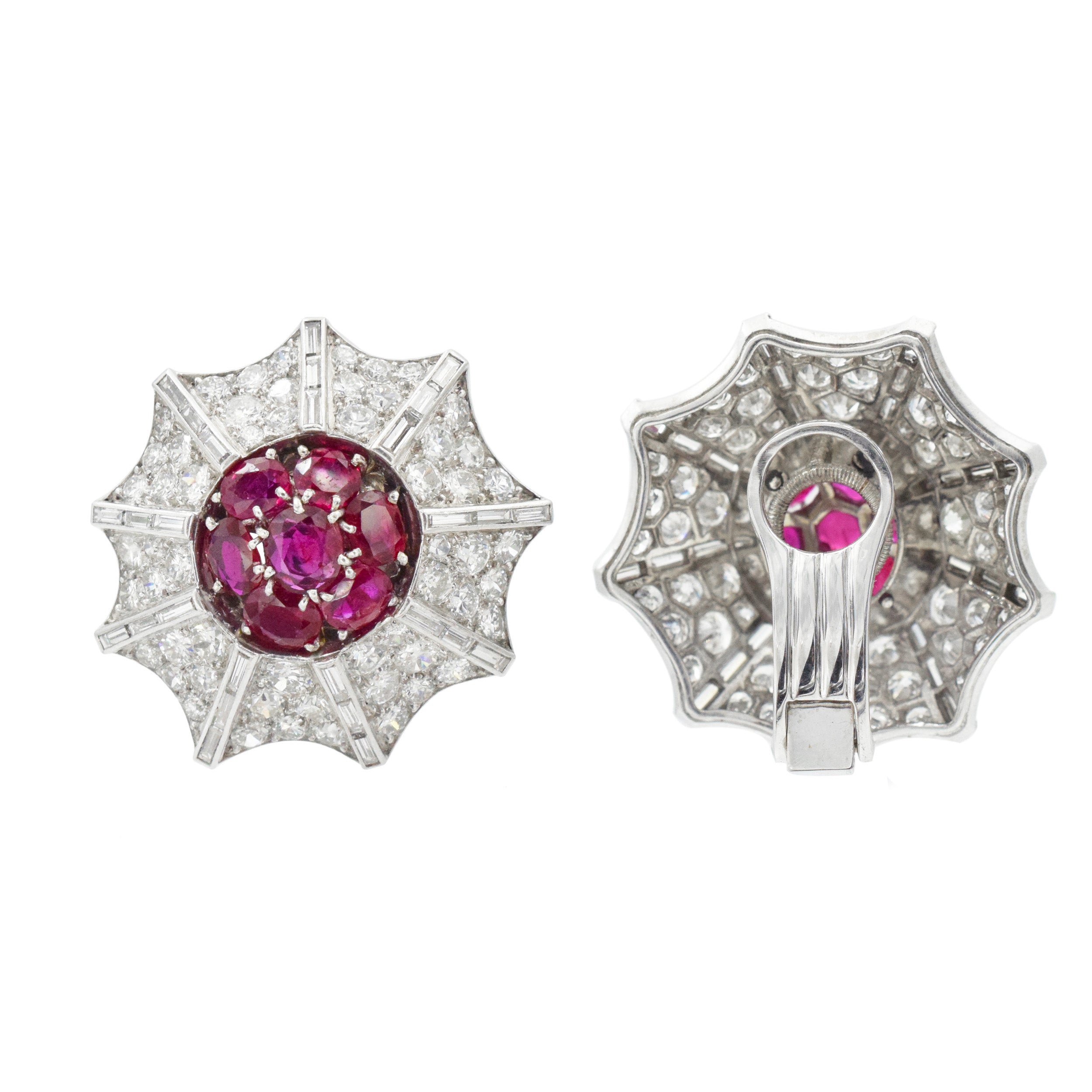 Circular Diamond and Ruby Earrings in Platinum and White Gold.