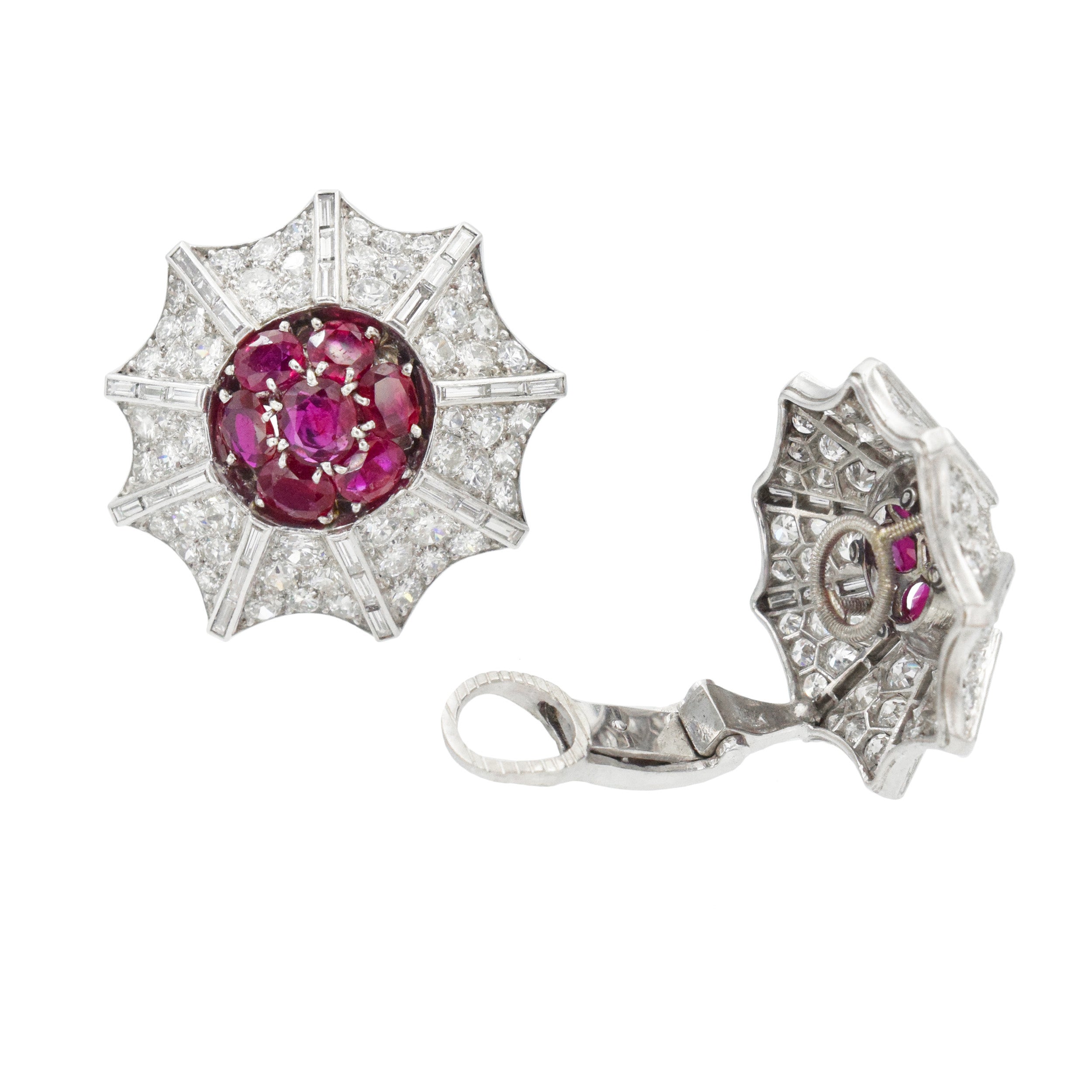 Circular Diamond and Ruby Earrings in Platinum and White Gold.