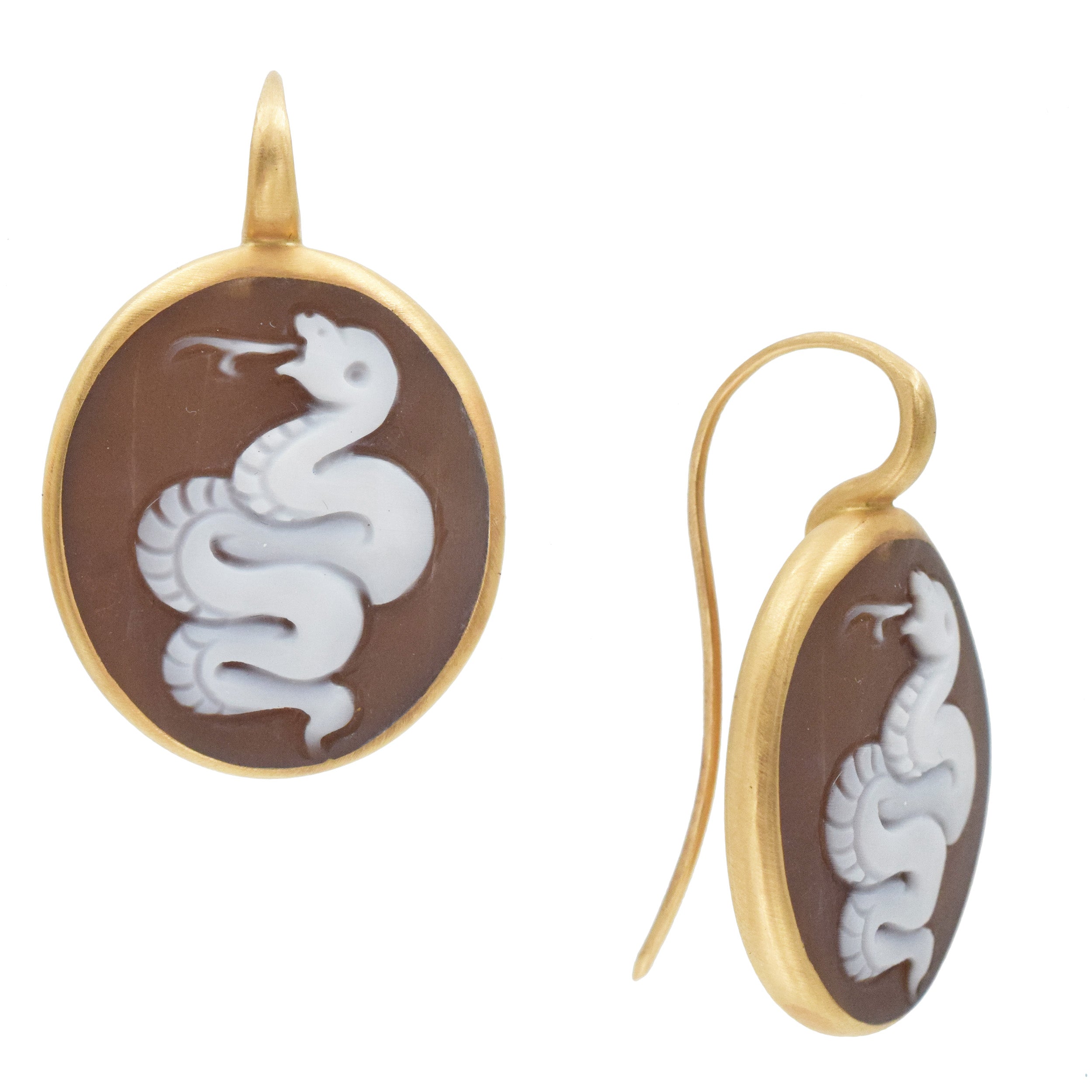 Pomellato Eva Snake Cameo Earrings in 18k rose gold.