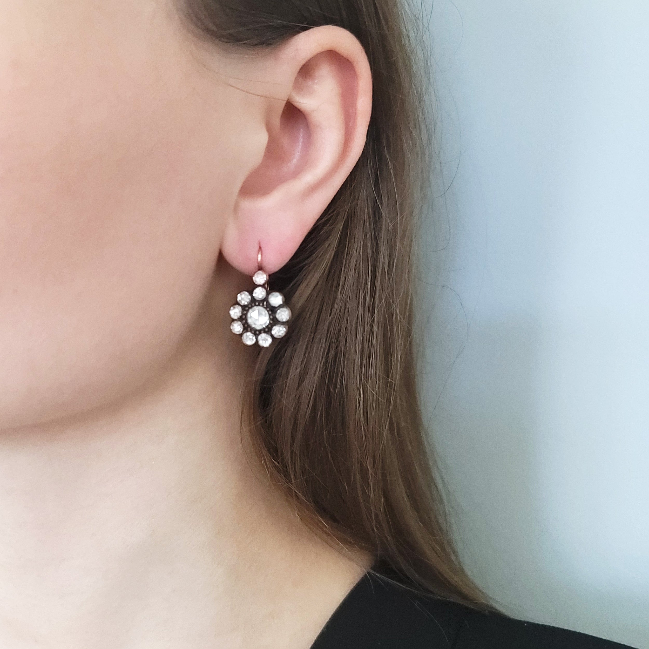2.5ct diamond floral drop earrings in 14k rose gold.