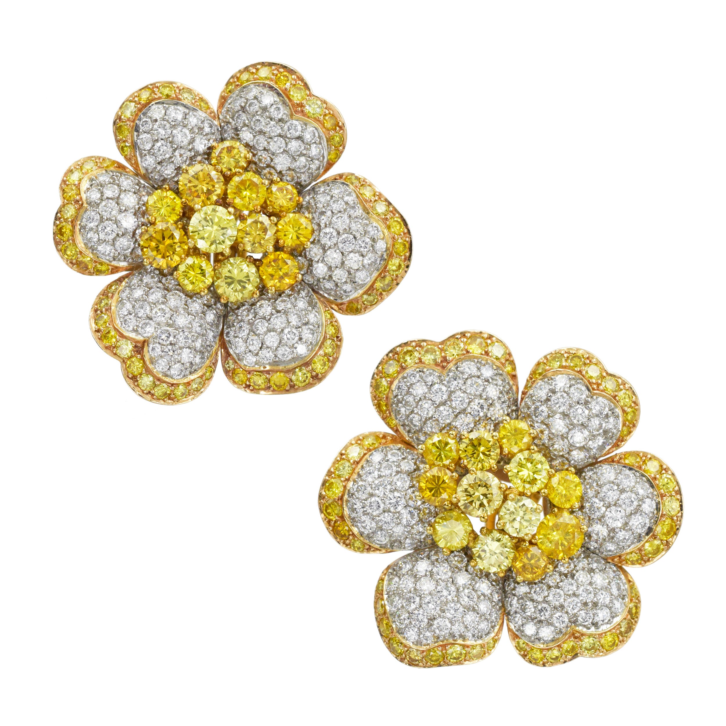 Yellow and White Diamond Flower Earrings
