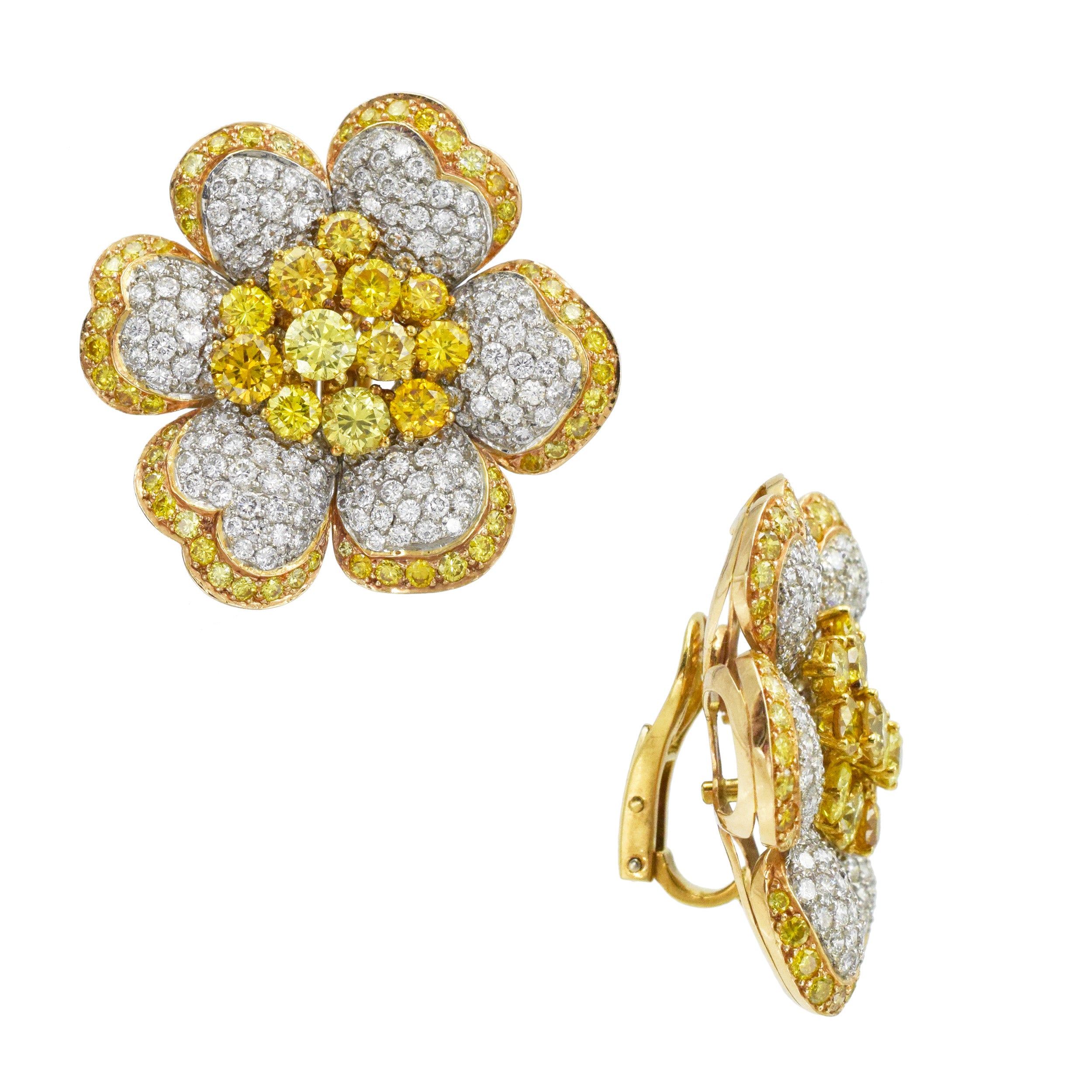 Yellow and White Diamond Flower Earrings
