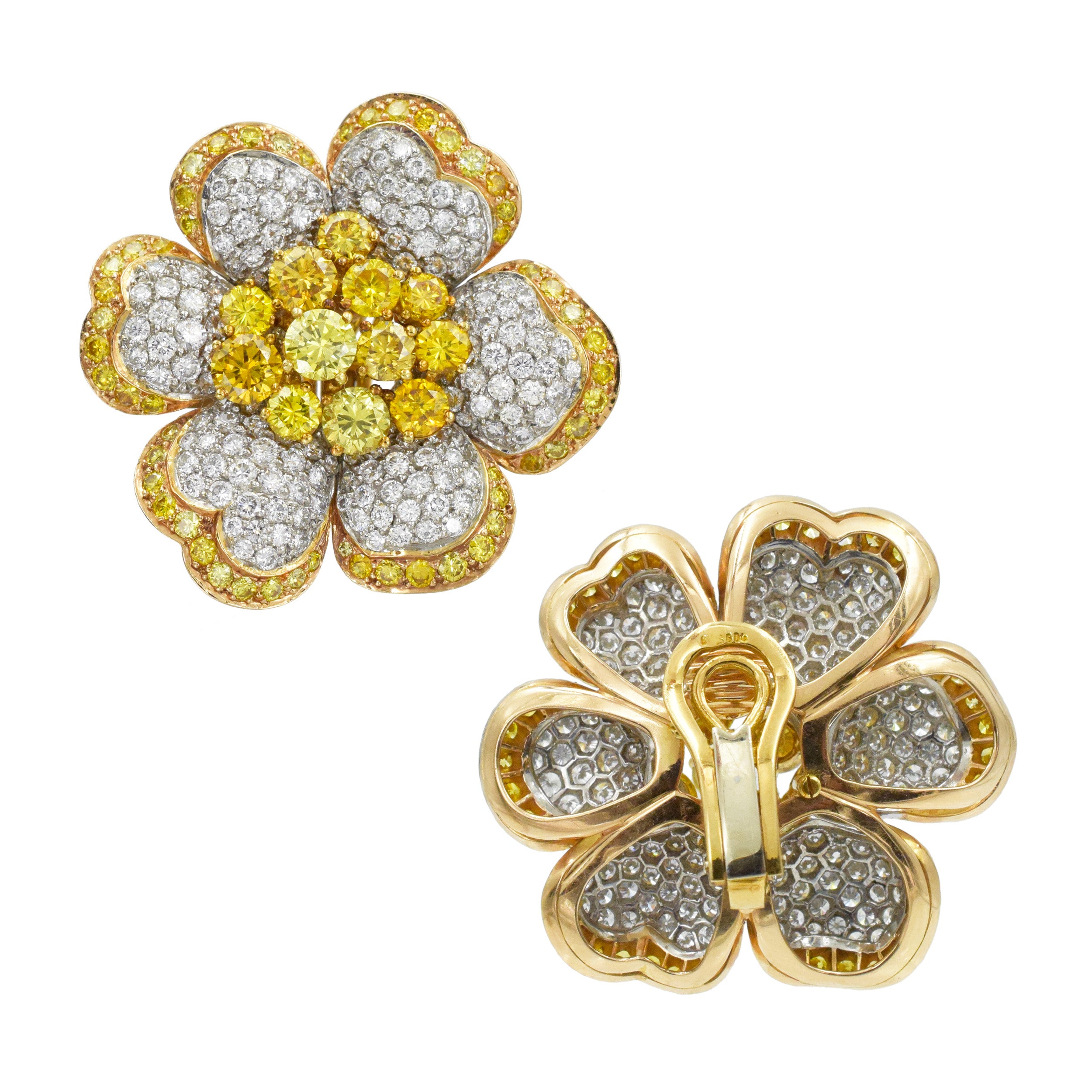 Yellow and White Diamond Flower Earrings