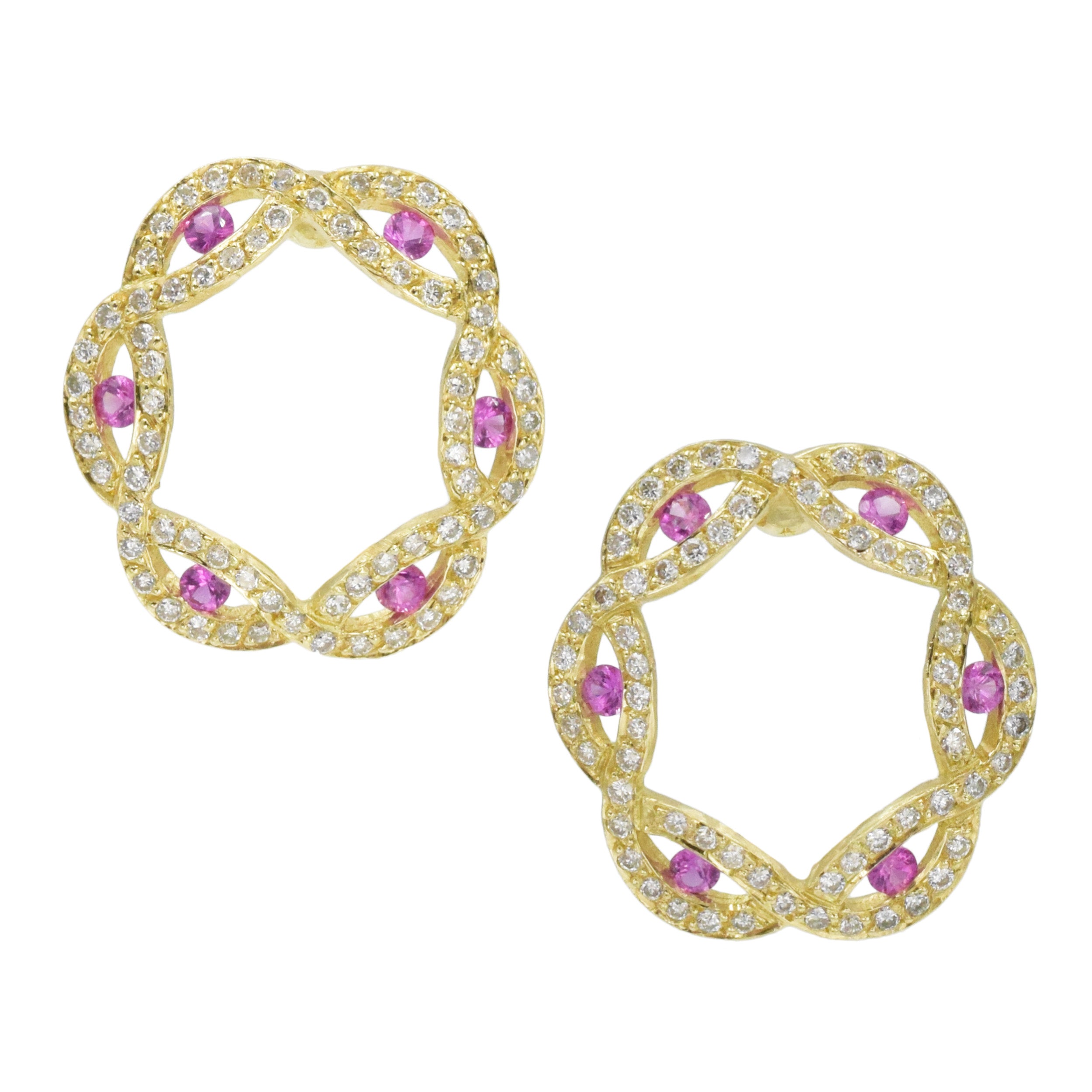 Pink sapphire and diamond circular earrings in 18k yellow gold