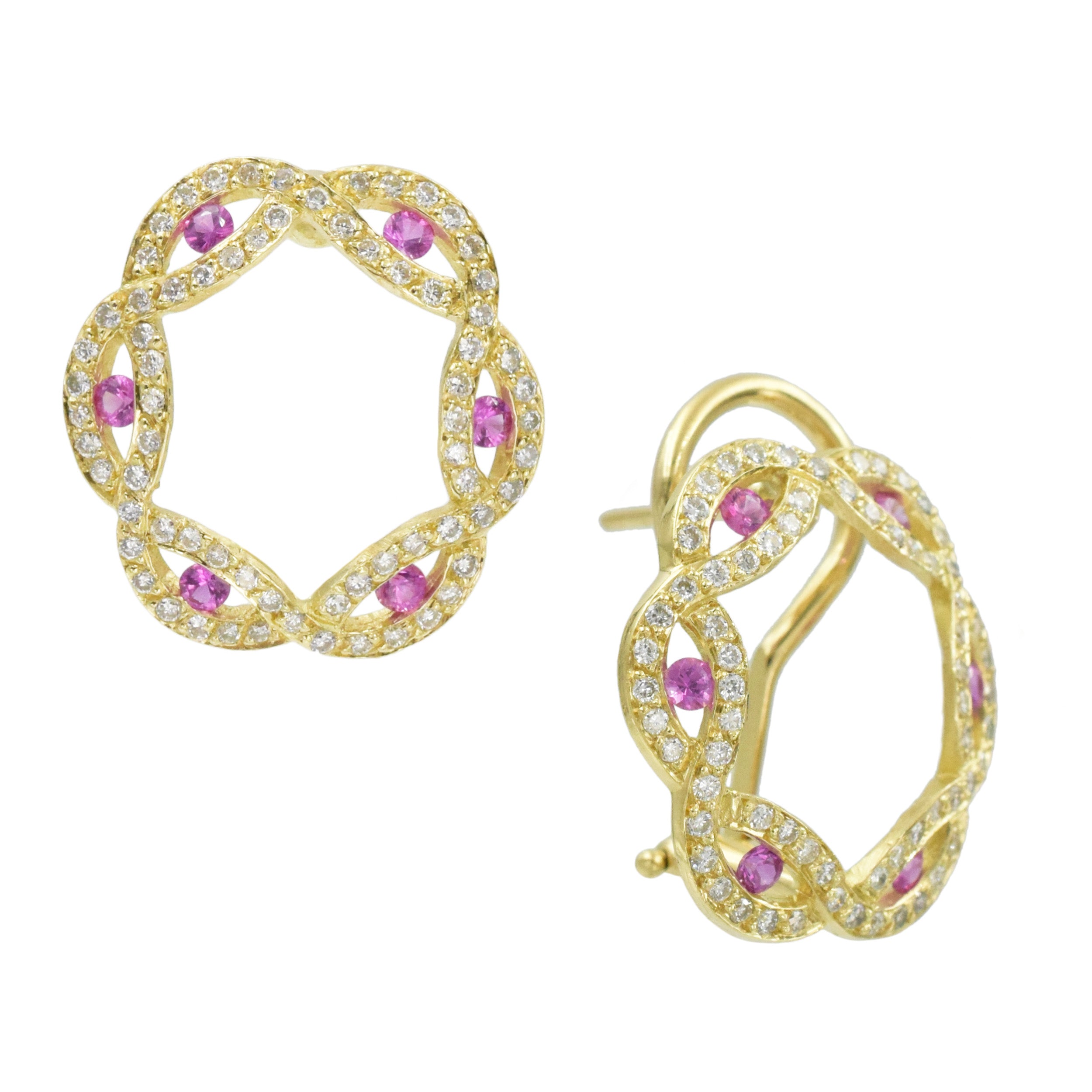 Pink sapphire and diamond circular earrings in 18k yellow gold