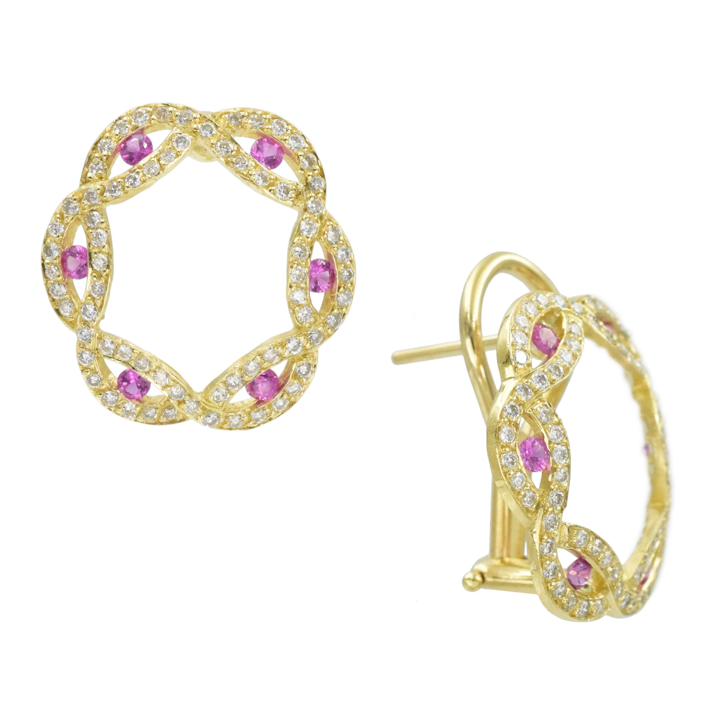 Pink sapphire and diamond circular earrings in 18k yellow gold