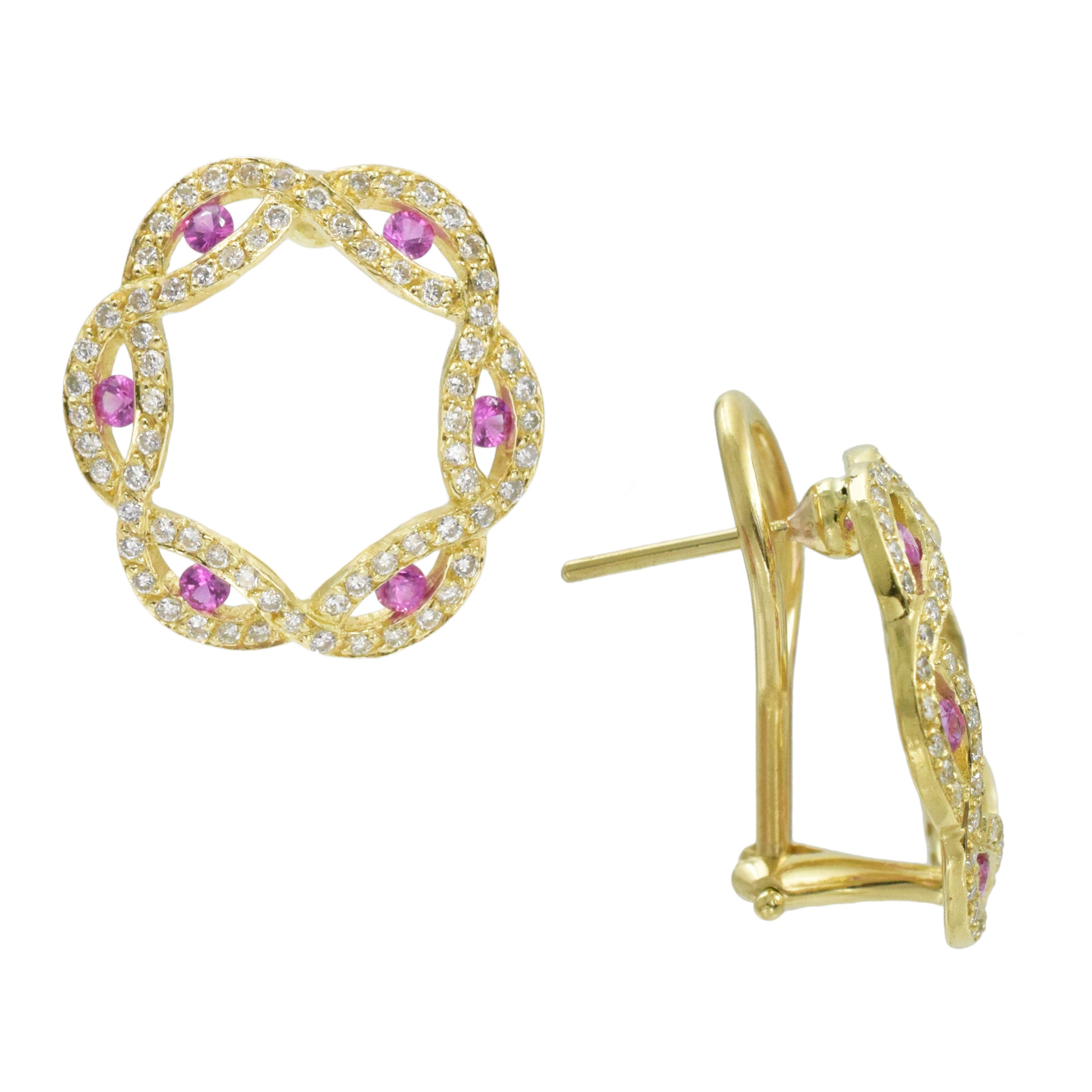 Pink sapphire and diamond circular earrings in 18k yellow gold