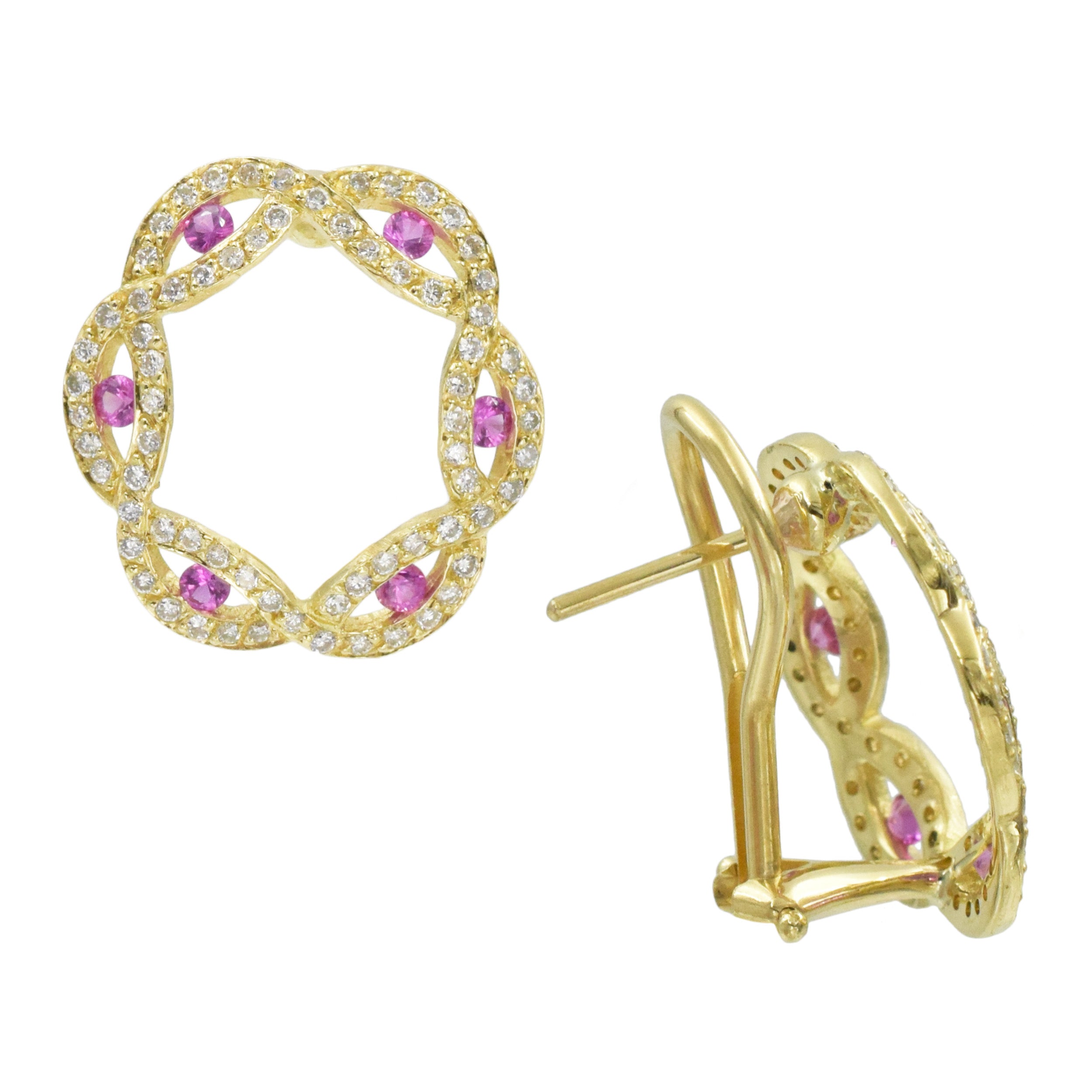 Pink sapphire and diamond circular earrings in 18k yellow gold