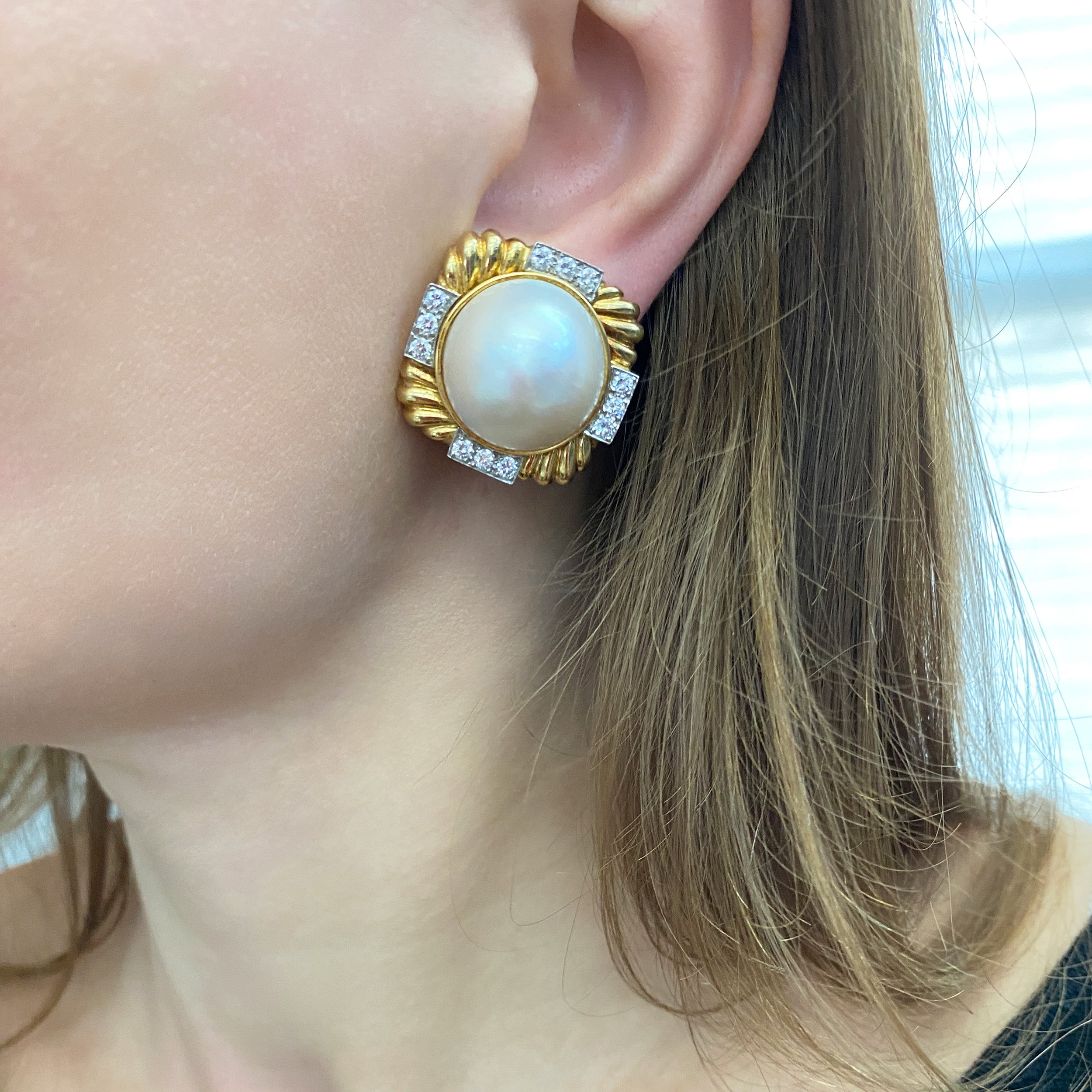 David Webb Diamond and Pearl Earrings in 18k Yellow Gold and Platinum.