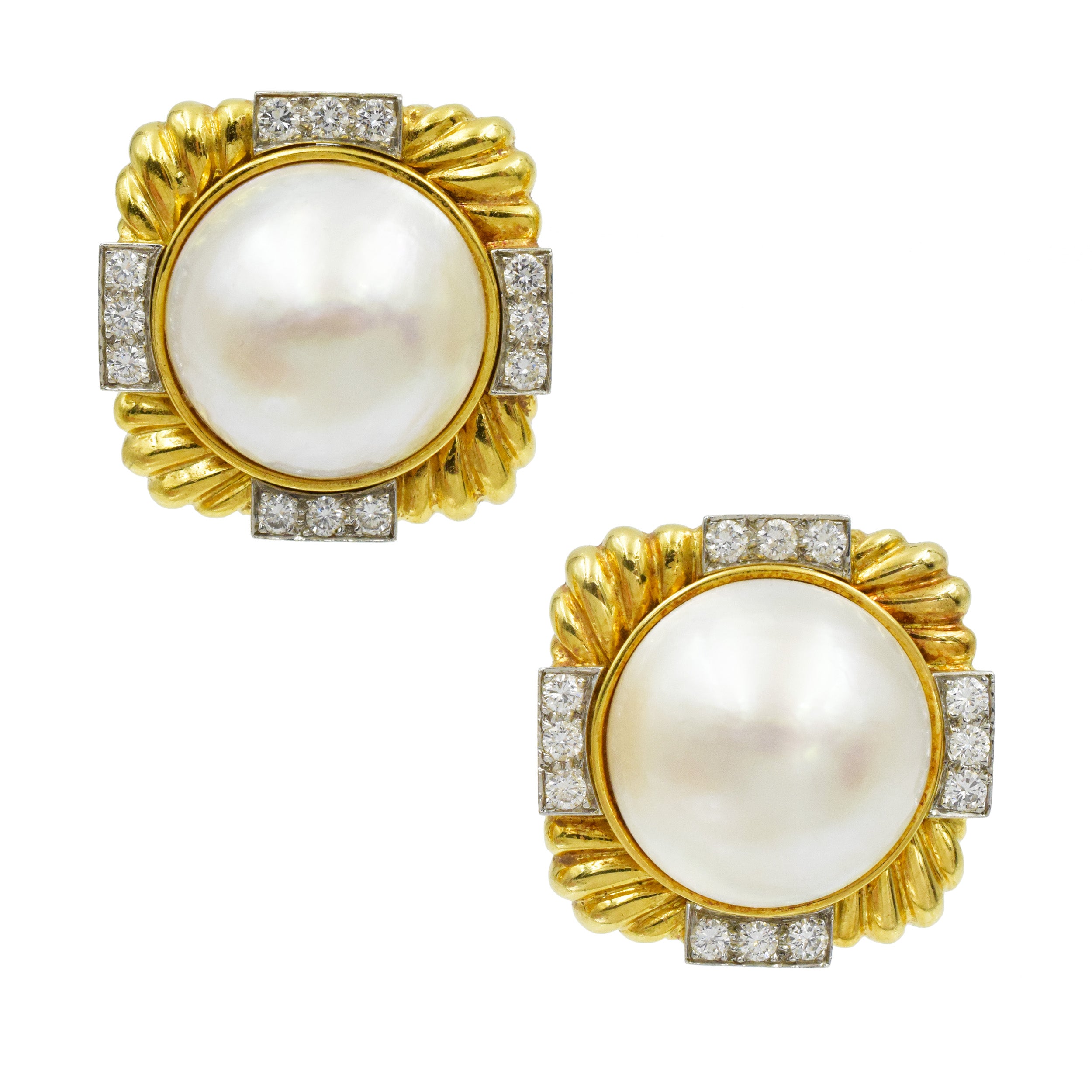 David Webb Diamond and Pearl Earrings in 18k Yellow Gold and Platinum.