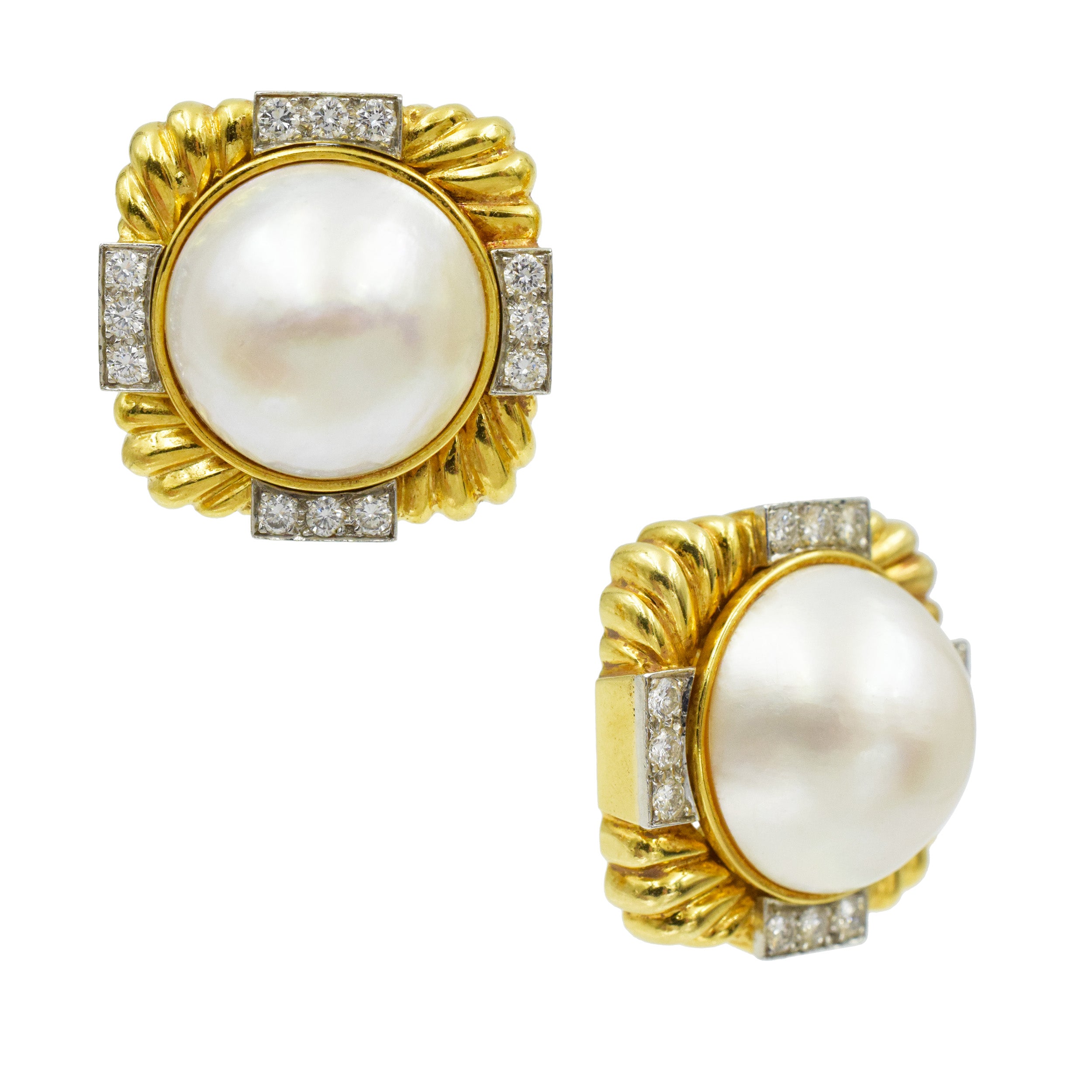 David Webb Diamond and Pearl Earrings in 18k Yellow Gold and Platinum.