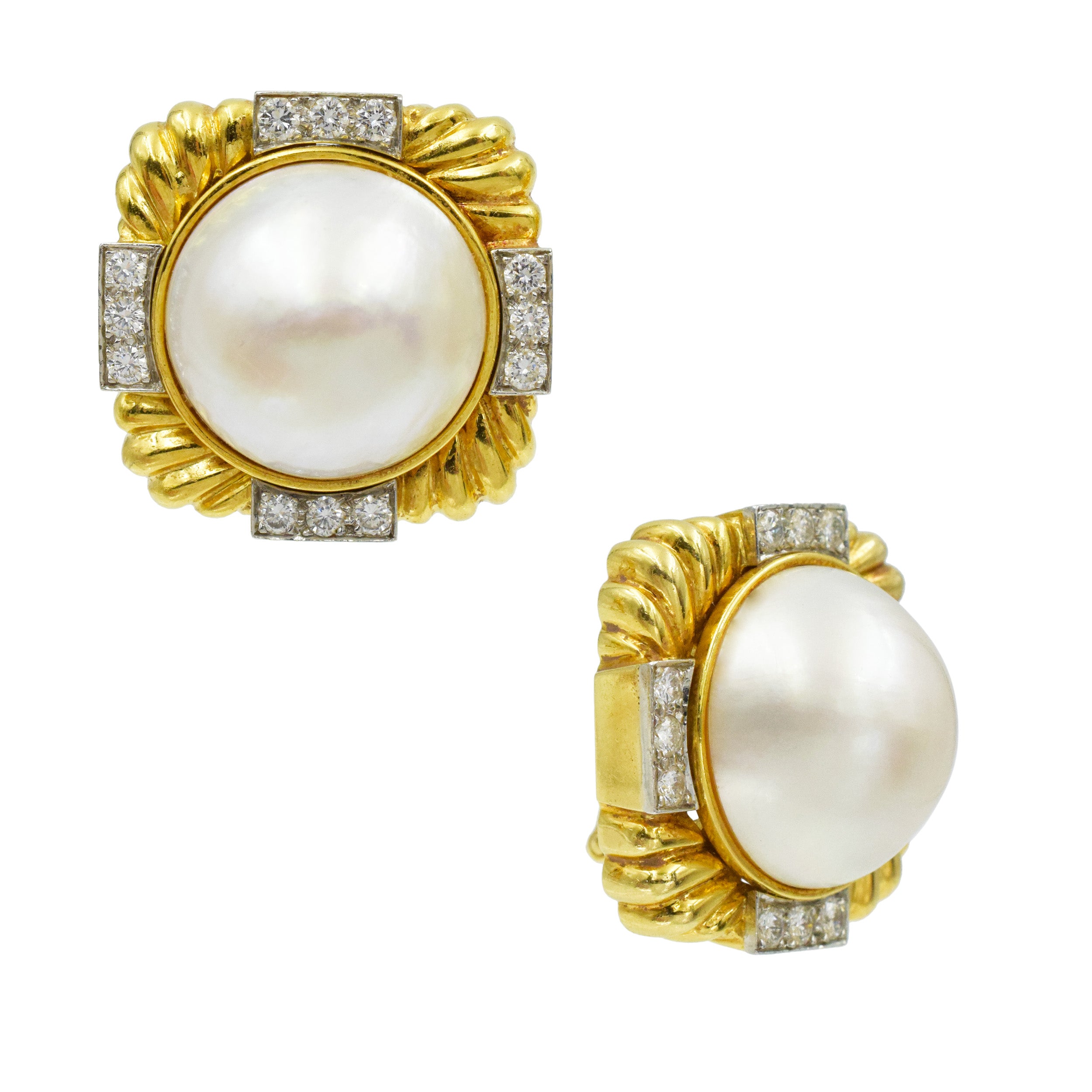 David Webb Diamond and Pearl Earrings in 18k Yellow Gold and Platinum.