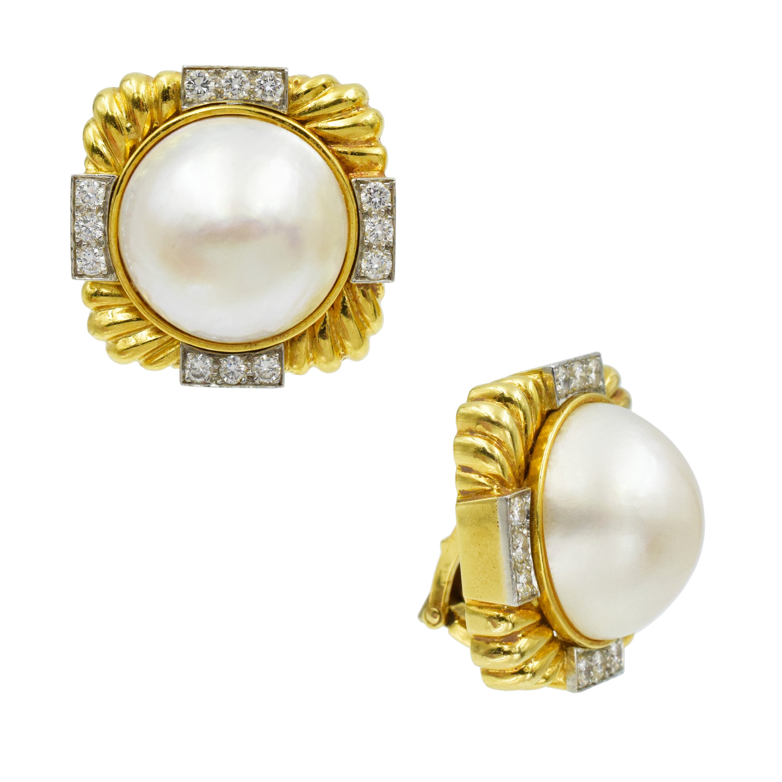 David Webb Diamond and Pearl Earrings in 18k Yellow Gold and Platinum.