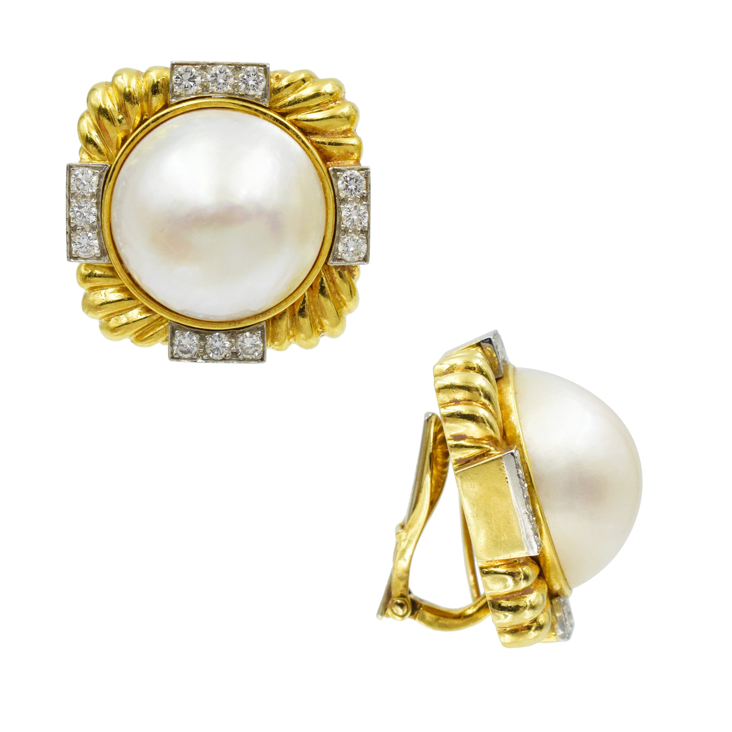 David Webb Diamond and Pearl Earrings in 18k Yellow Gold and Platinum.