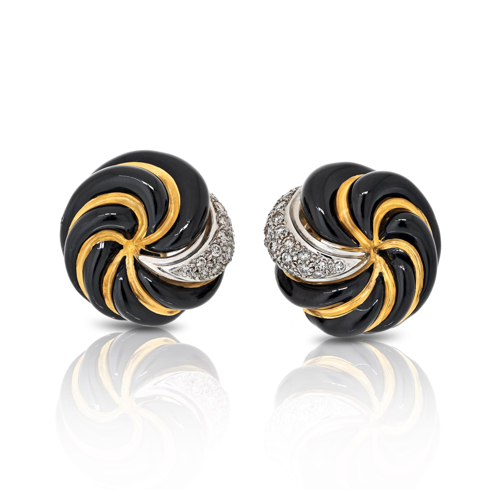 David Webb Black Enamel and Diamond Earclips in 18k Yellow Gold and Platinum.
