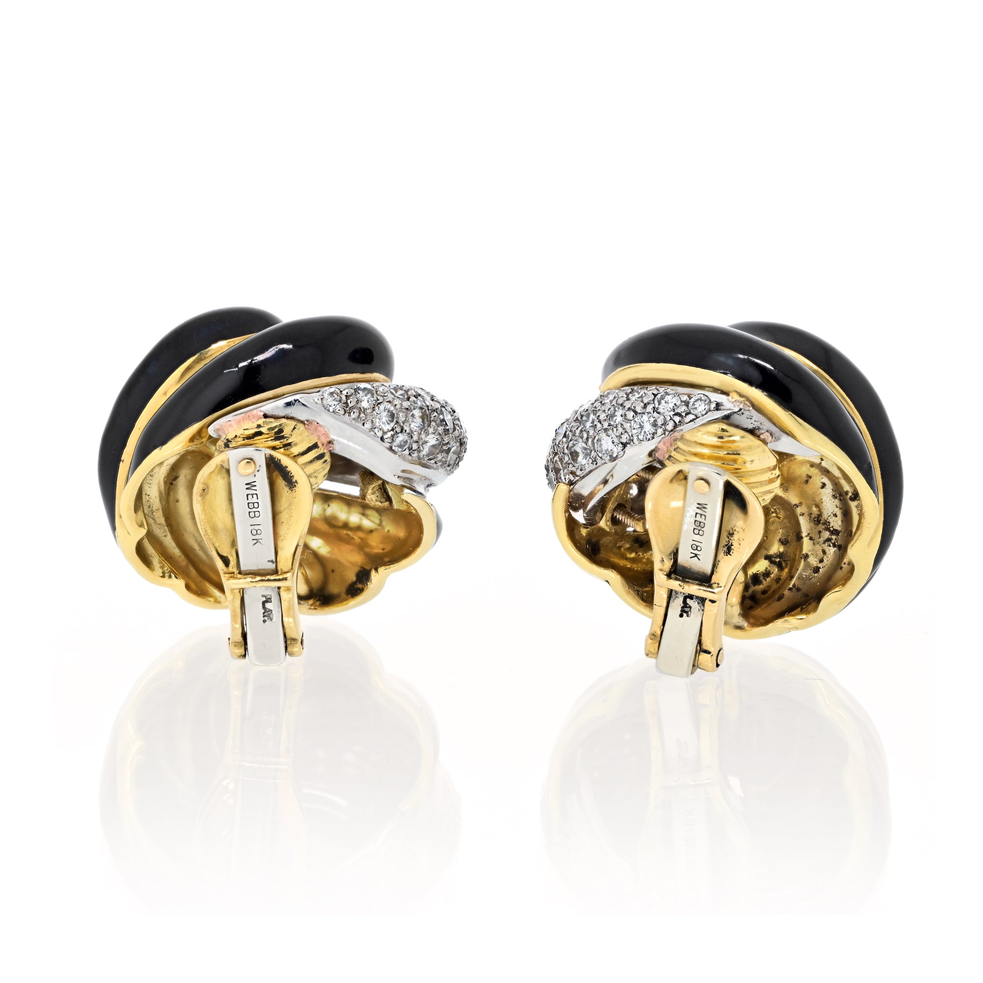 David Webb Black Enamel and Diamond Earclips in 18k Yellow Gold and Platinum.