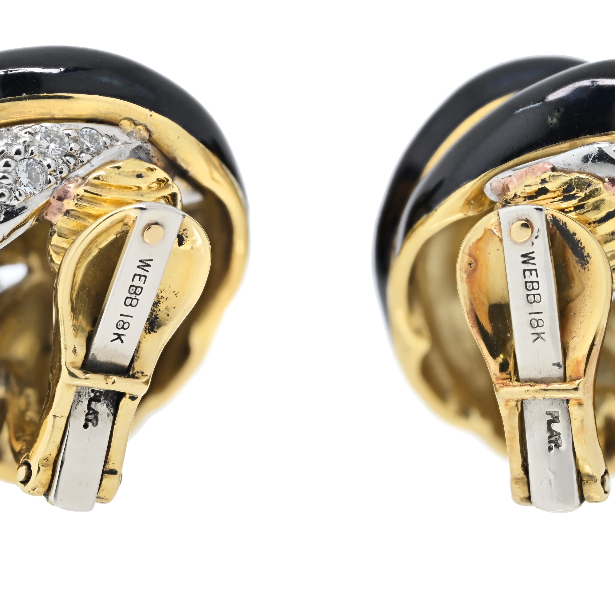 David Webb Black Enamel and Diamond Earclips in 18k Yellow Gold and Platinum.