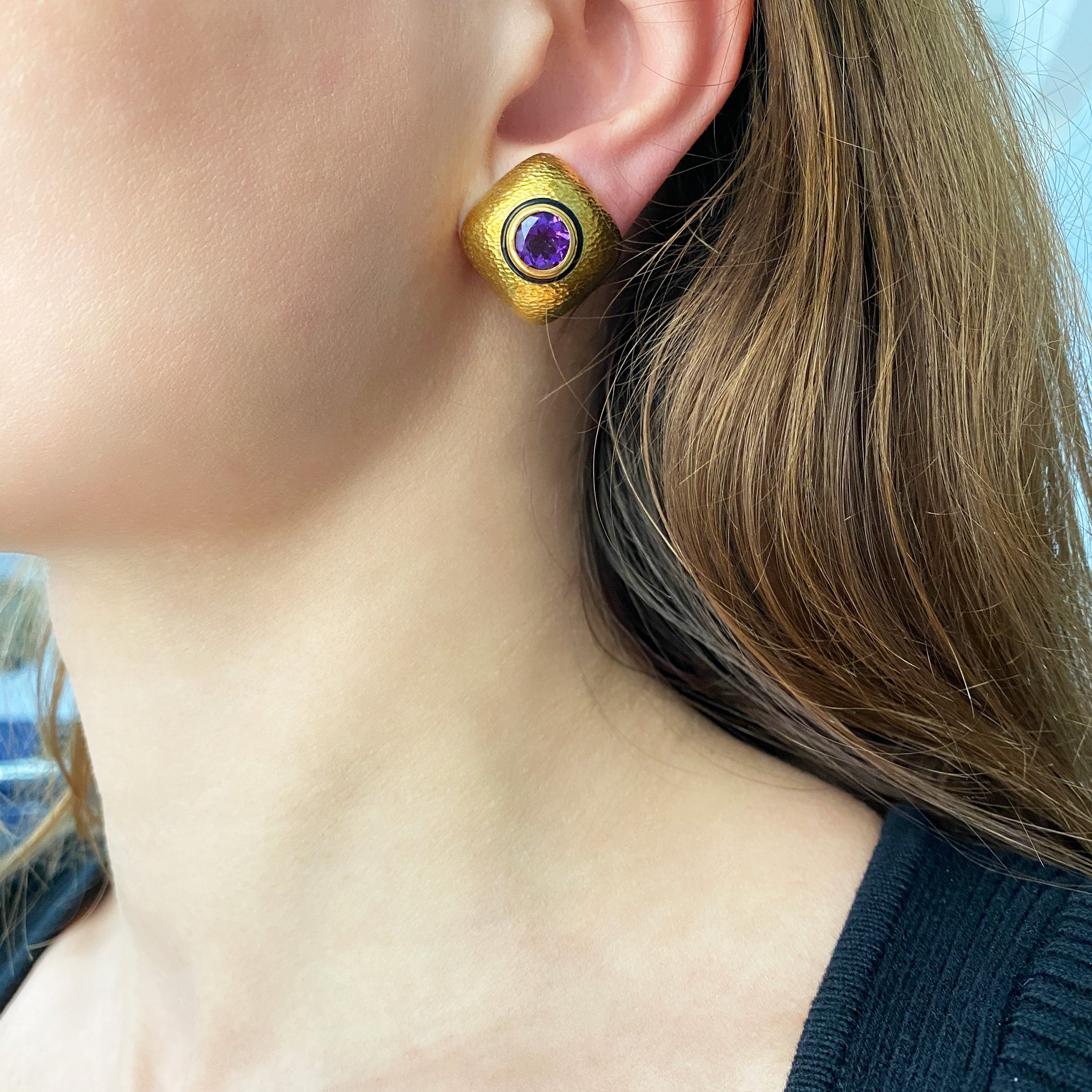 David Webb Amethyst and Black Enamel Cushion Ear Clips in 18k Yellow Gold