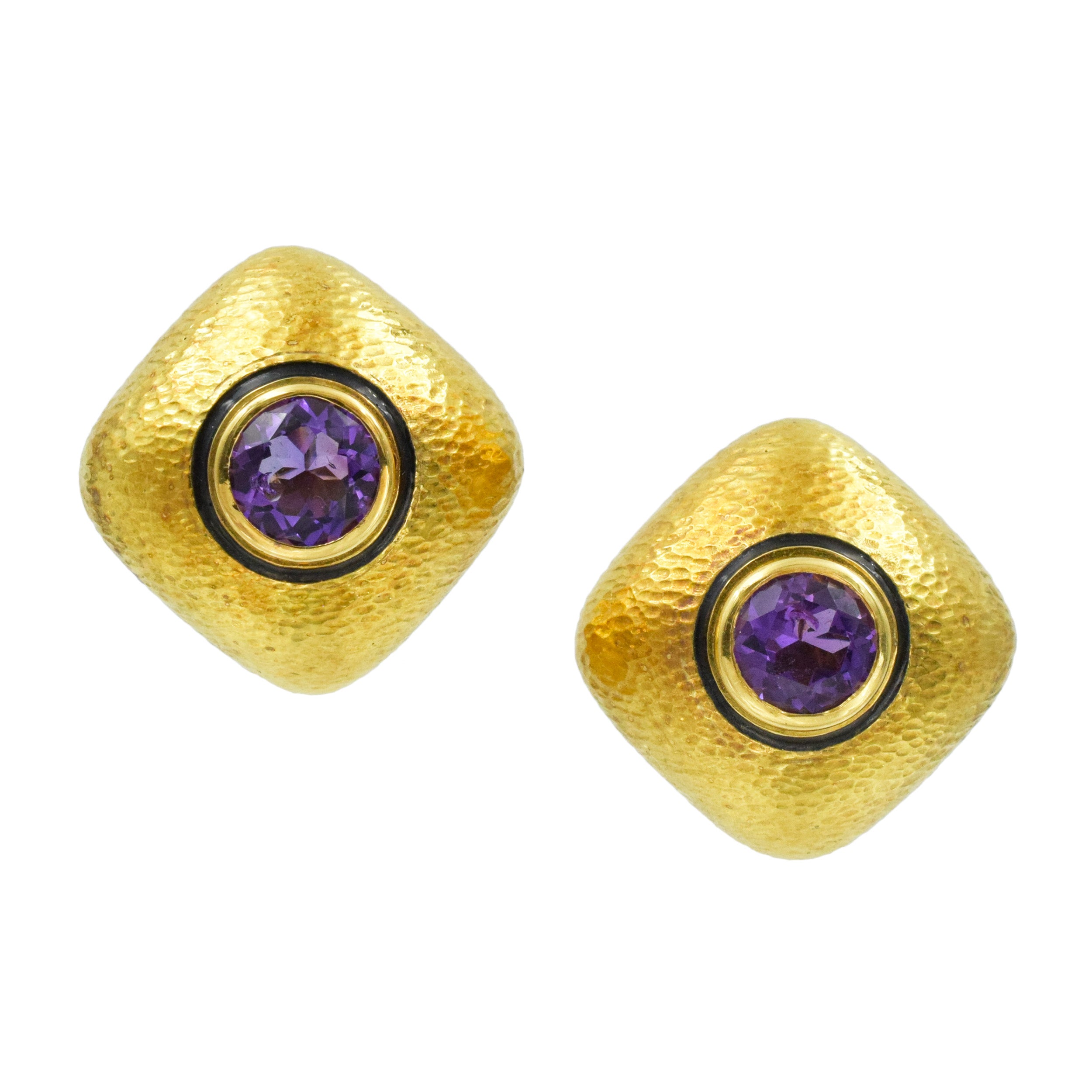 David Webb Amethyst and Black Enamel Cushion Ear Clips in 18k Yellow Gold