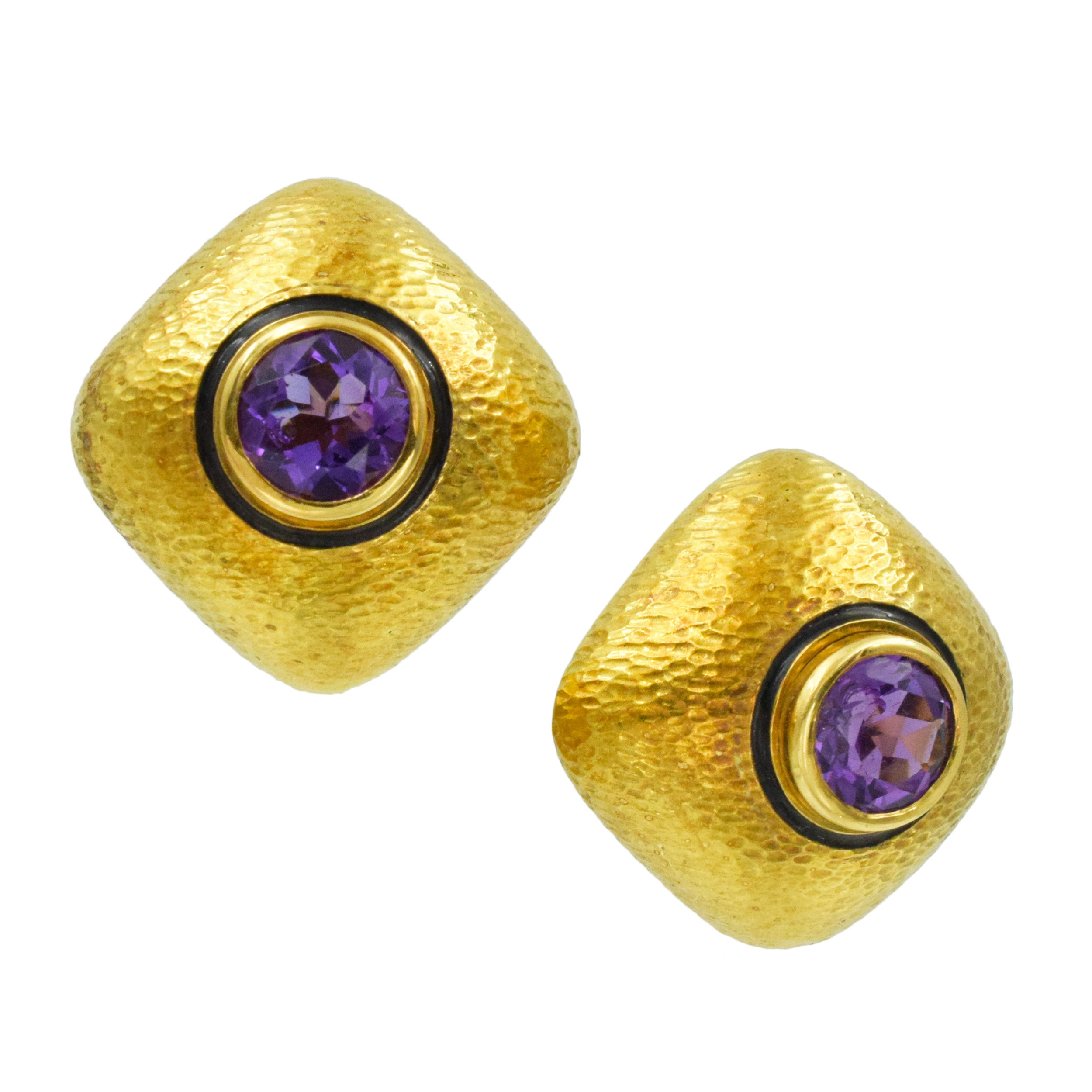 David Webb Amethyst and Black Enamel Cushion Ear Clips in 18k Yellow Gold