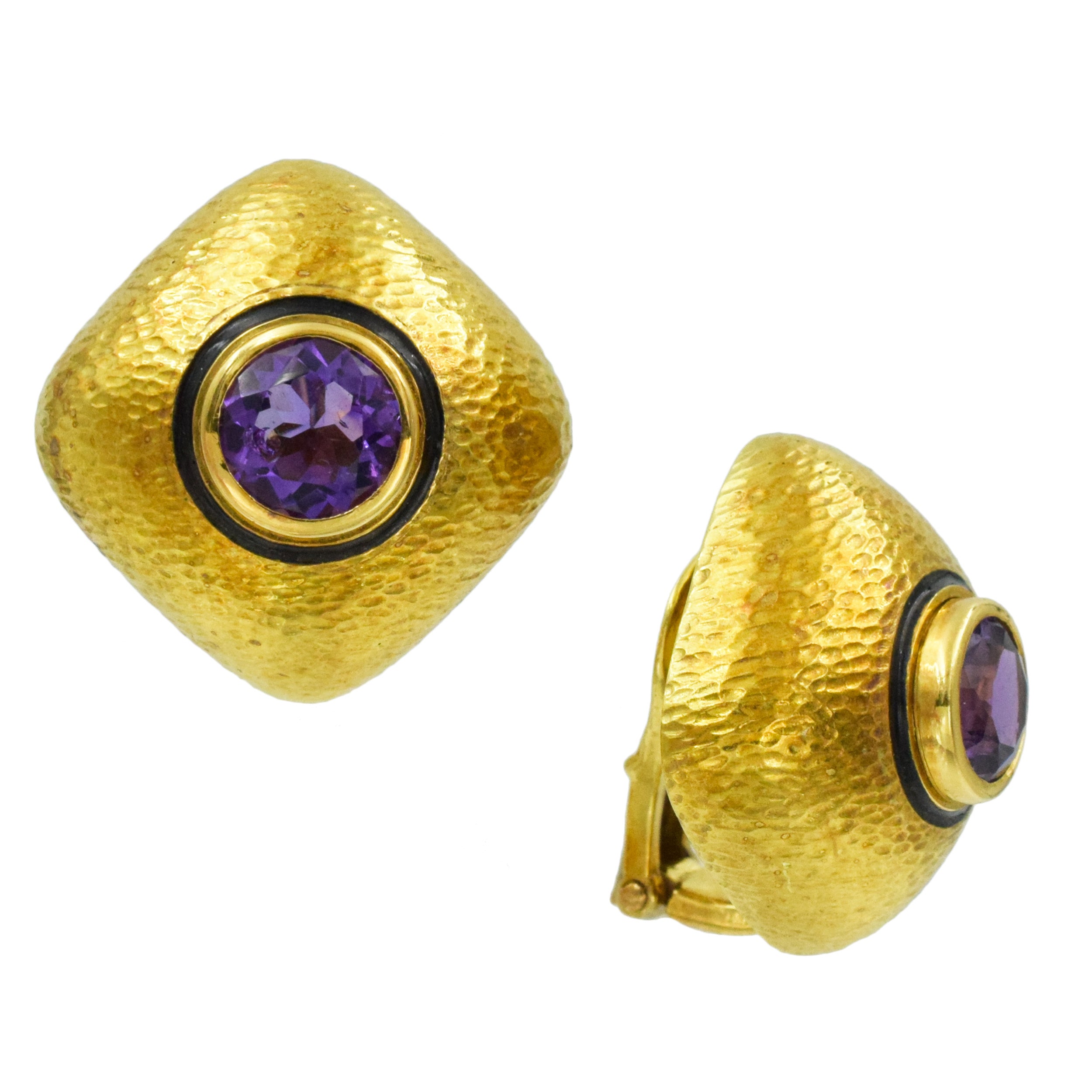 David Webb Amethyst and Black Enamel Cushion Ear Clips in 18k Yellow Gold