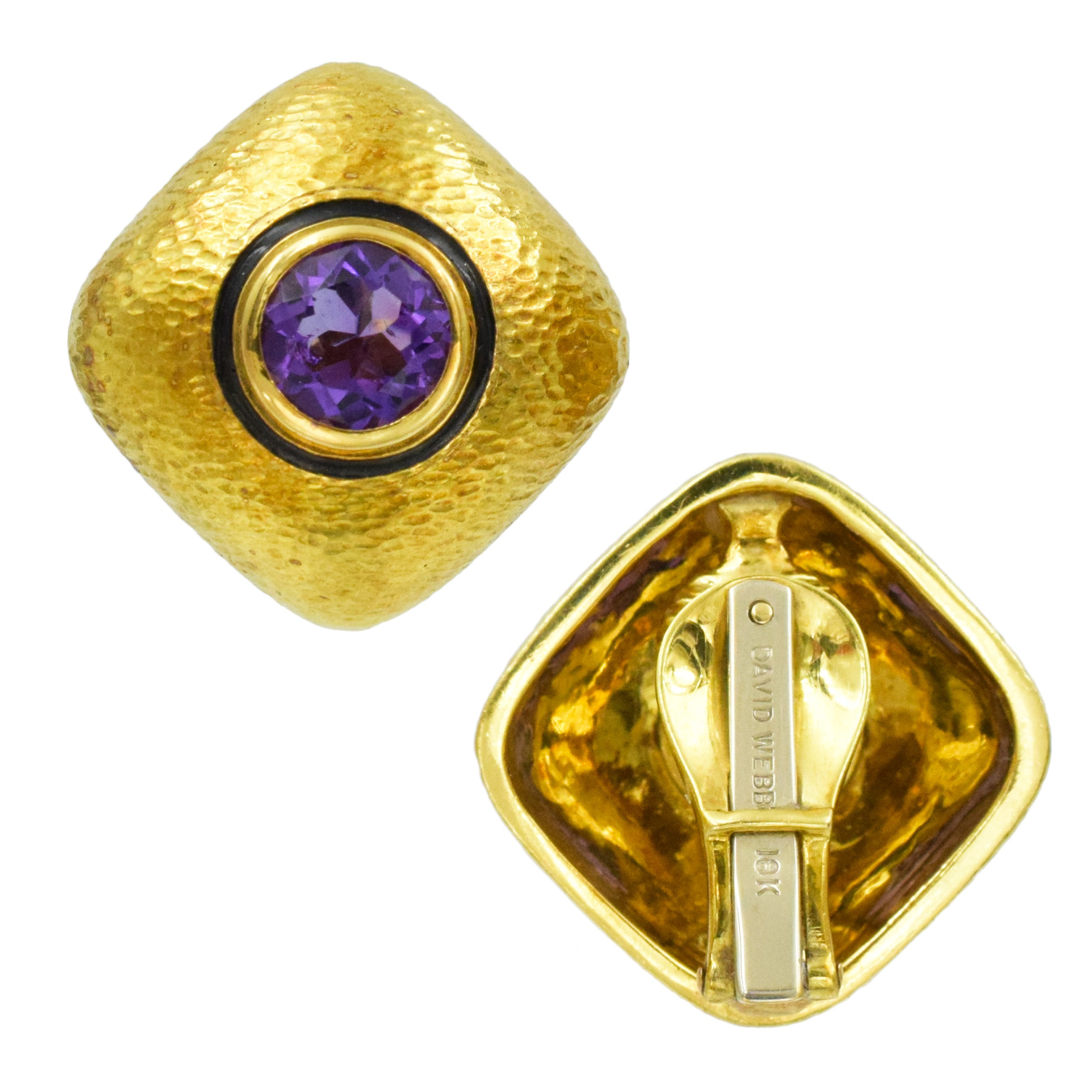 David Webb Amethyst and Black Enamel Cushion Ear Clips in 18k Yellow Gold