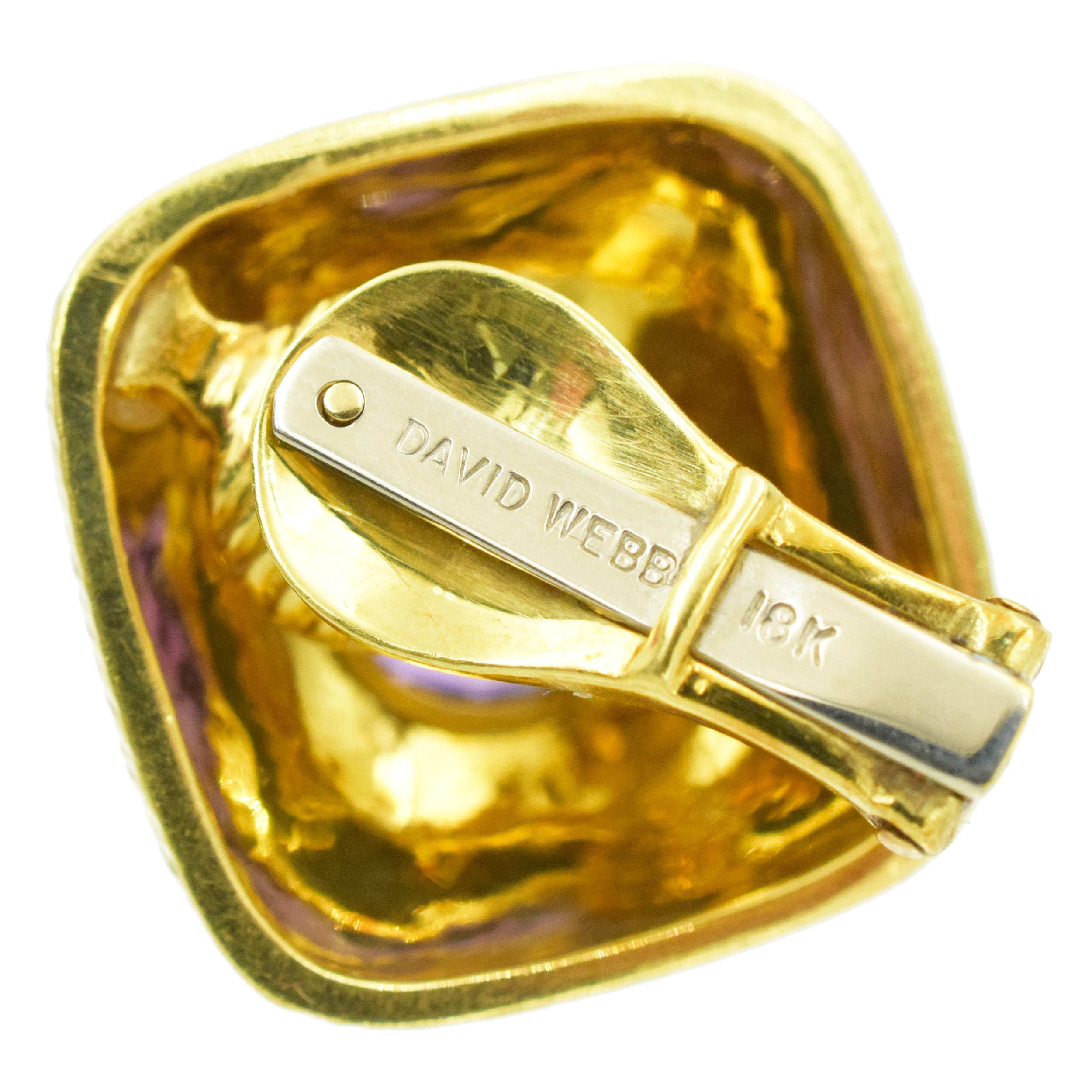 David Webb Amethyst and Black Enamel Cushion Ear Clips in 18k Yellow Gold