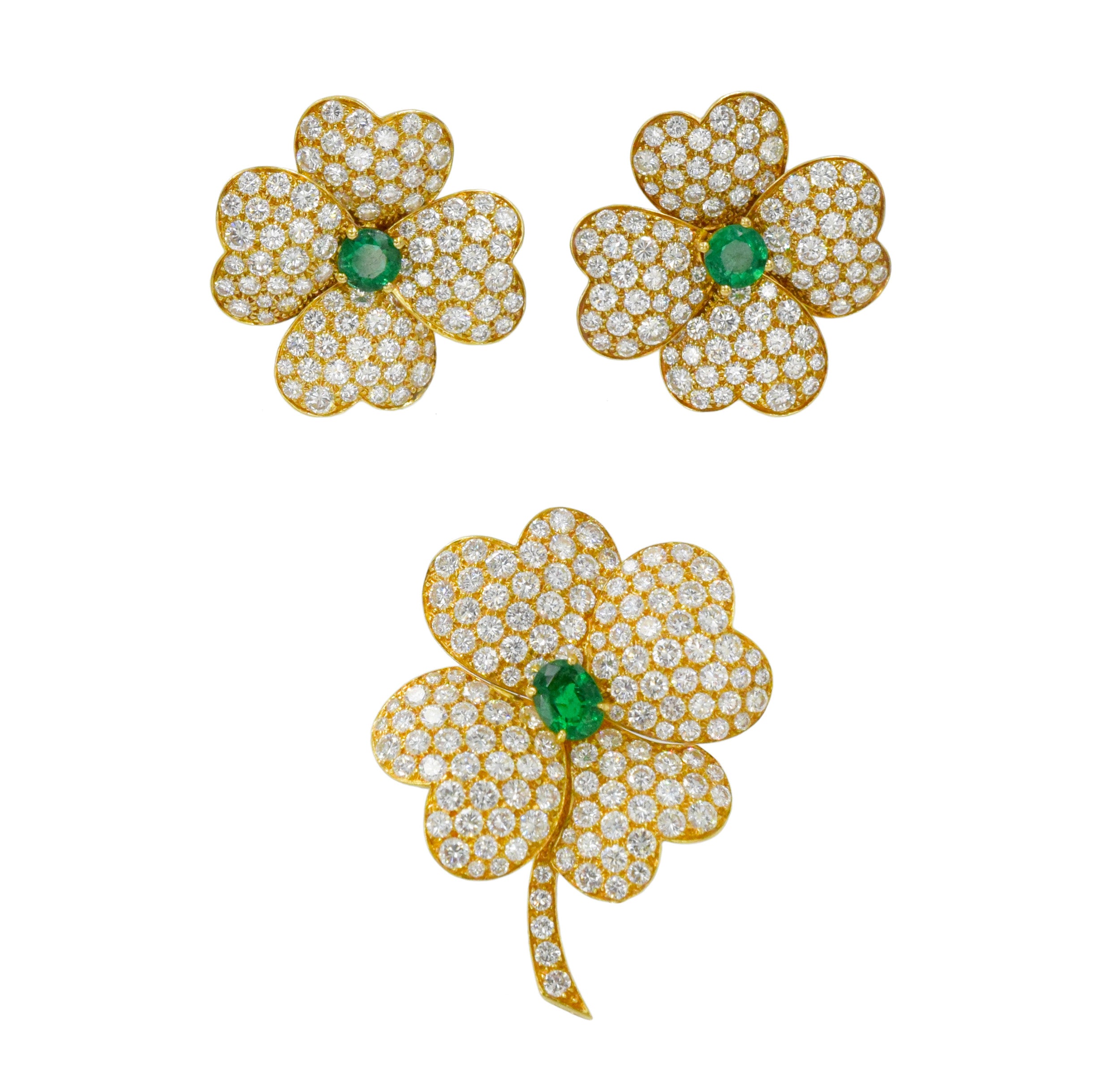 Van Cleef & Arpels 'Cosmos' Diamond And Emerald Earrings And Brooch Suite In 18k Yellow Gold