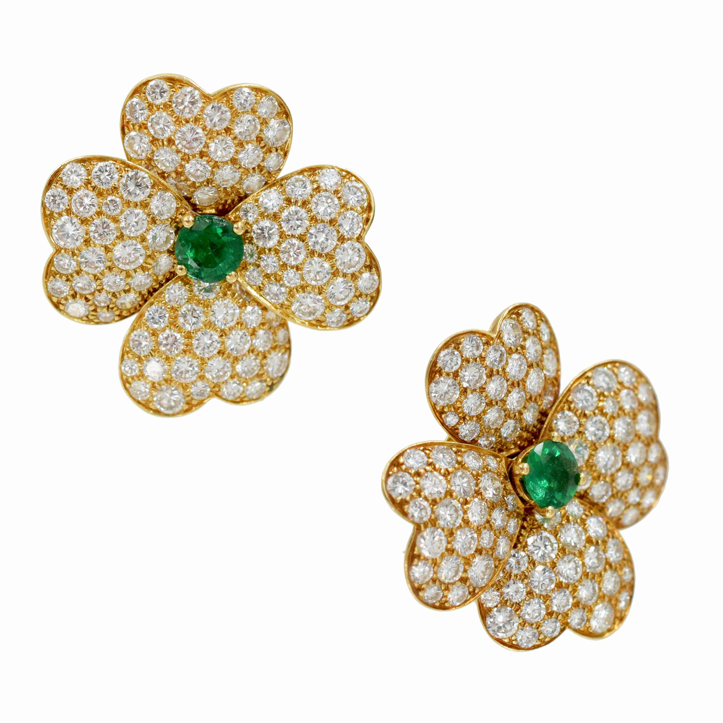 Van Cleef & Arpels 'Cosmos' Diamond And Emerald Earrings And Brooch Suite In 18k Yellow Gold