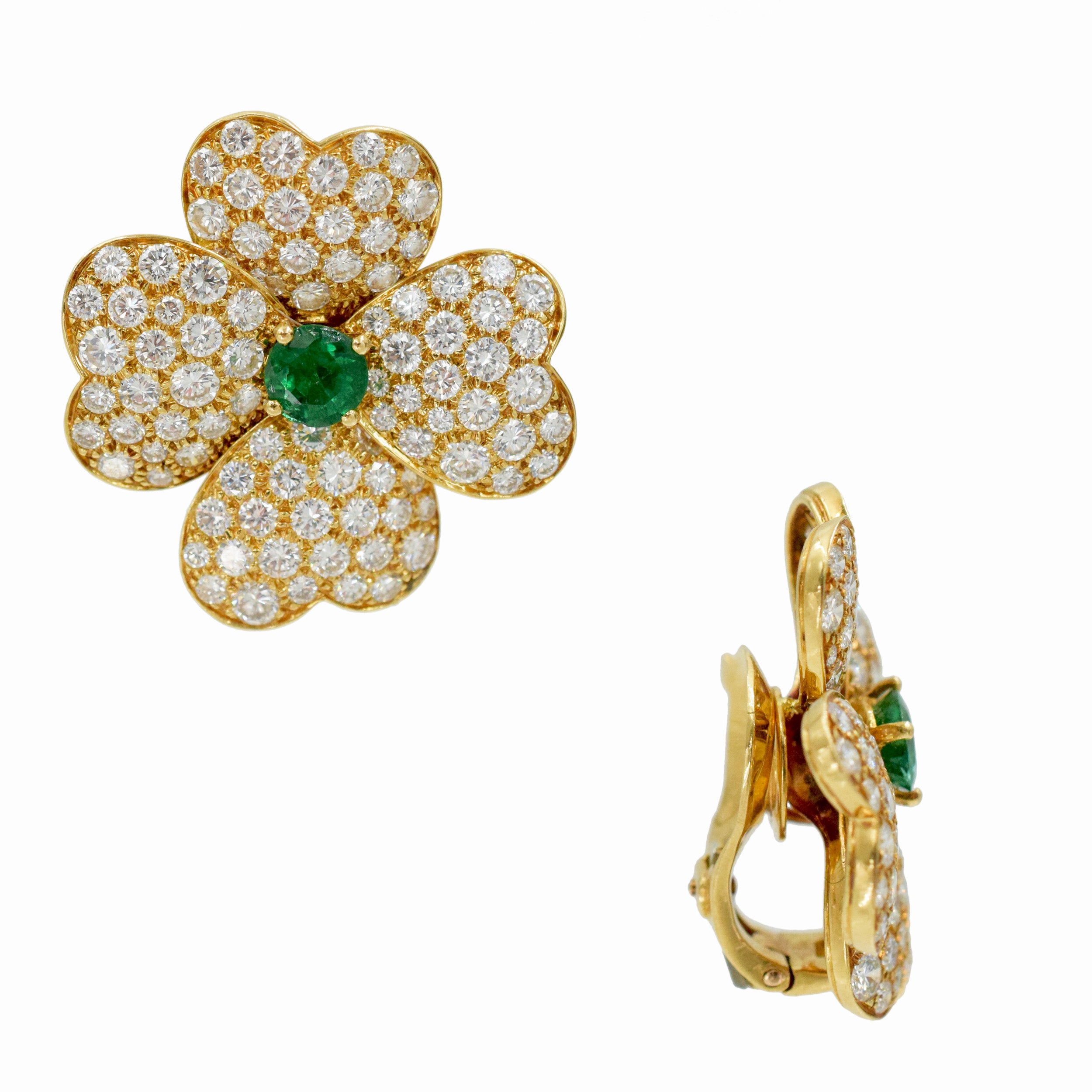 Van Cleef & Arpels 'Cosmos' Diamond And Emerald Earrings And Brooch Suite In 18k Yellow Gold