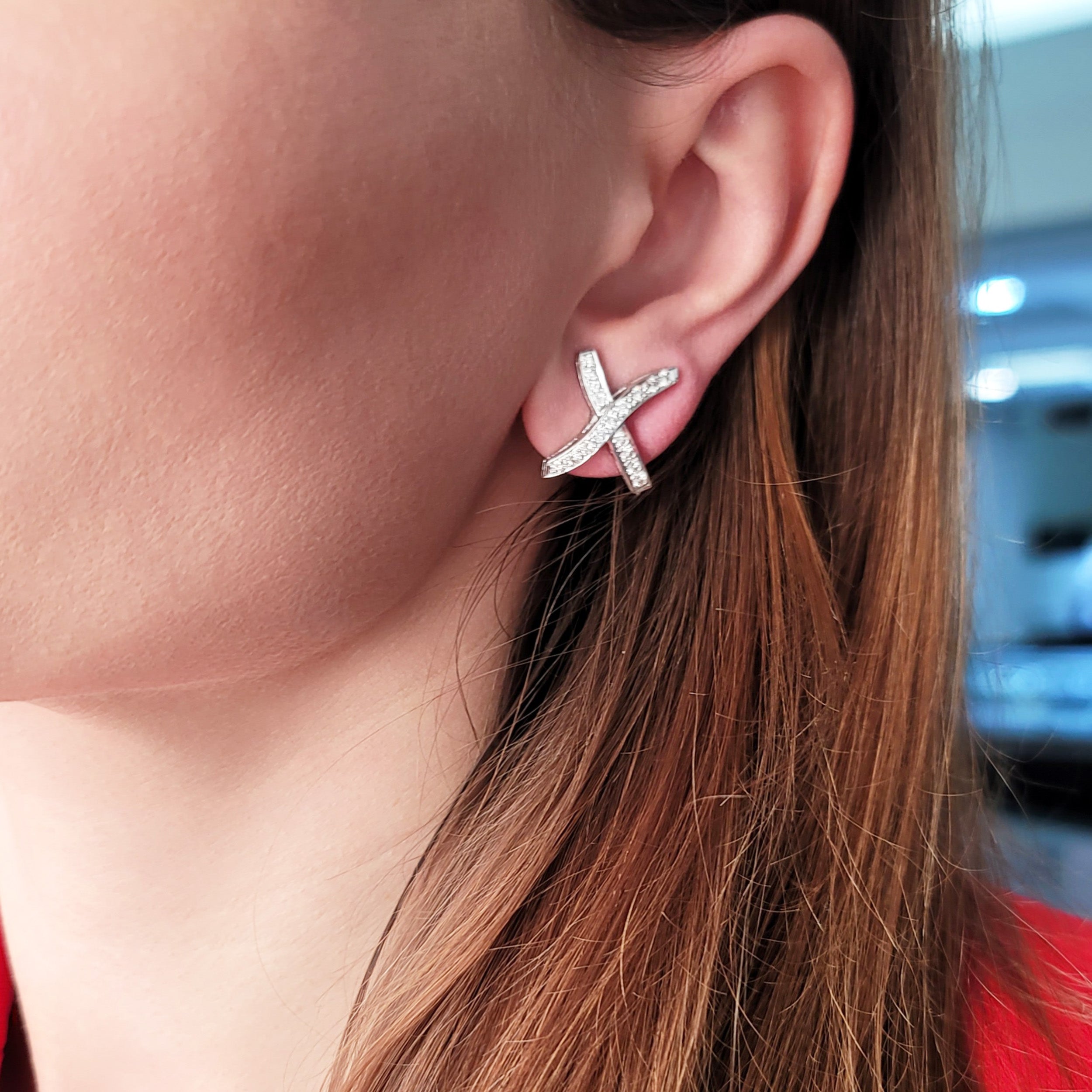 Diamond 'X' Motif Earrings In 18k White Gold