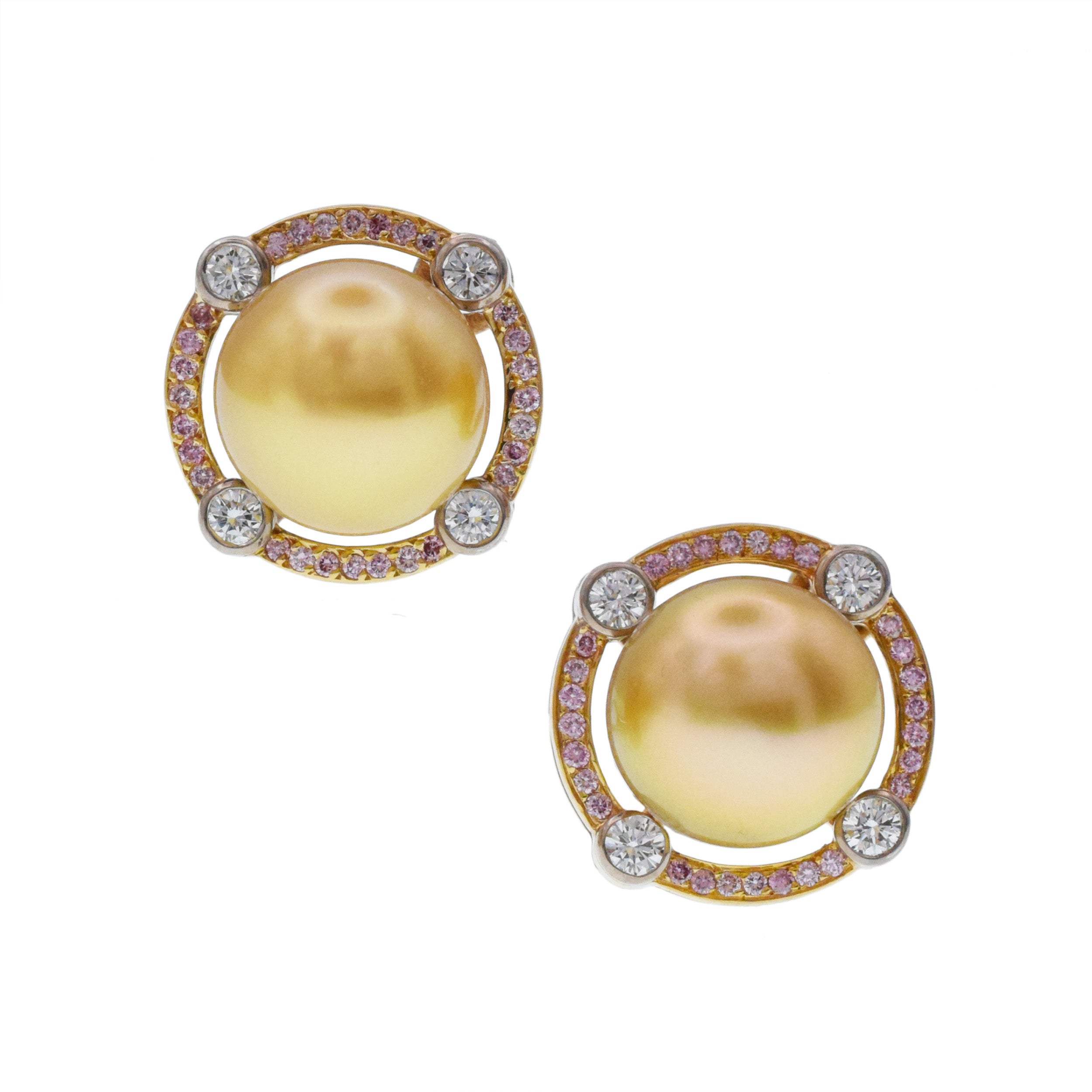 Graff Yellow Pearl Earrings With Pink And White Diamond in 18k white and yellow gold