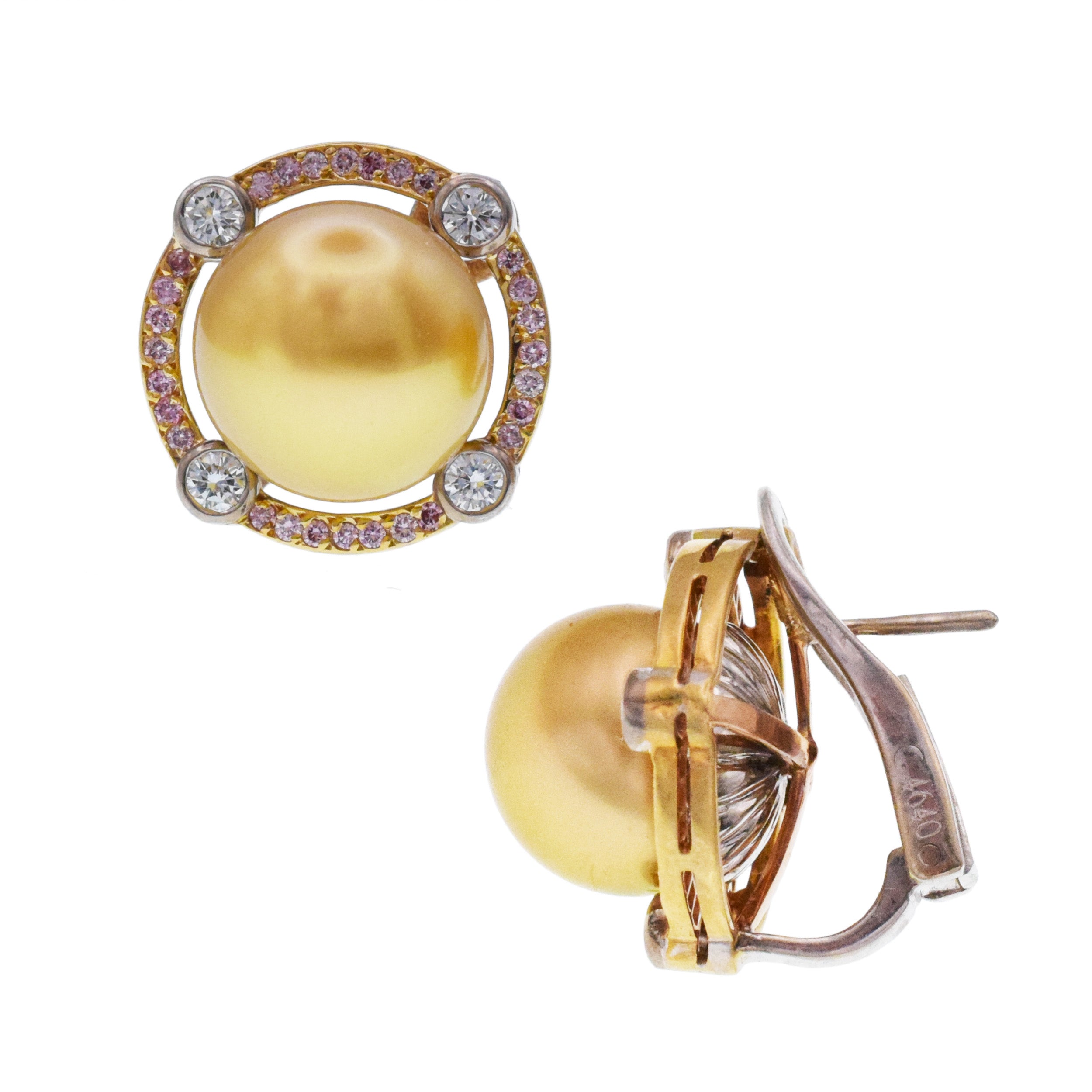 Graff Yellow Pearl Earrings With Pink And White Diamond in 18k white and yellow gold