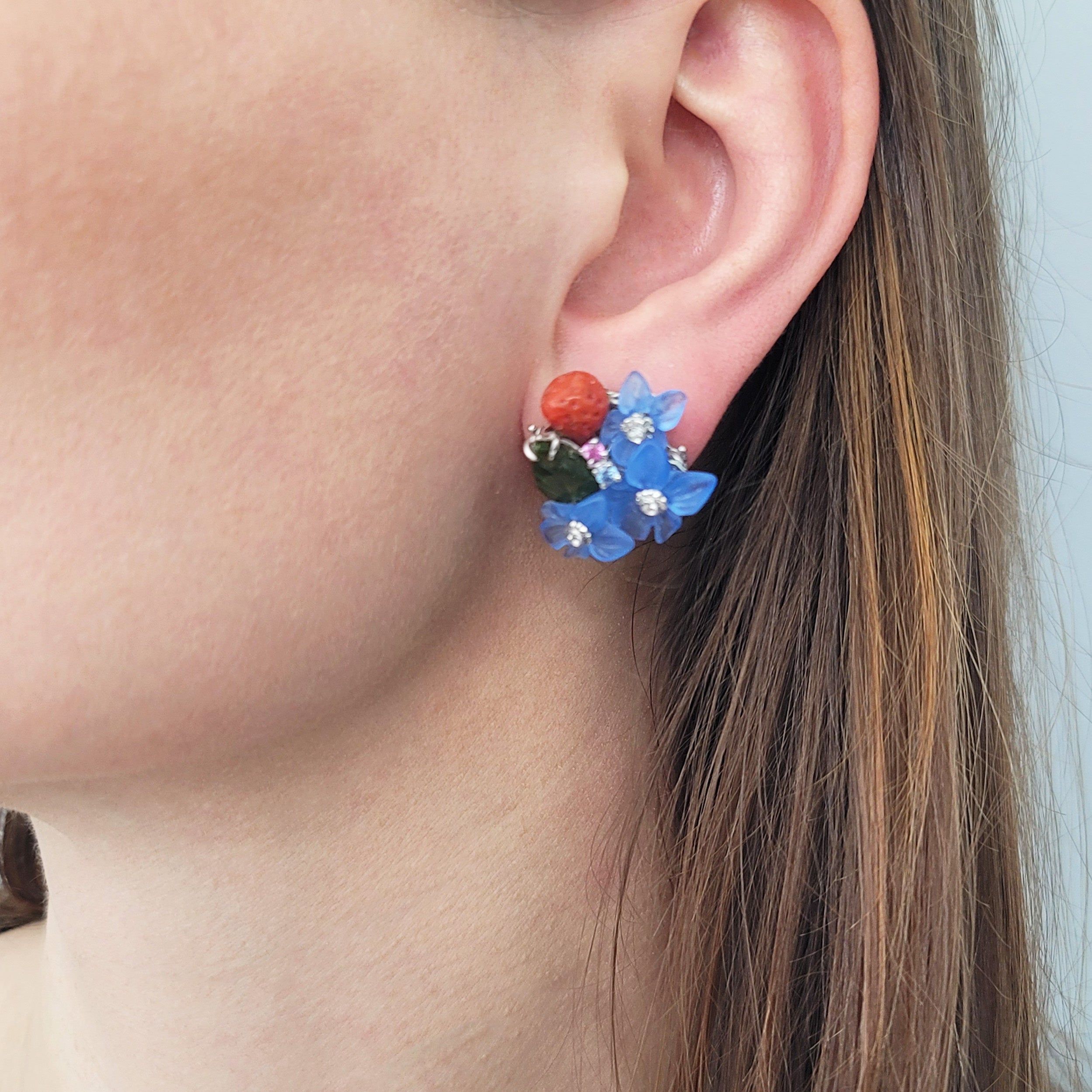 Santagostino Multigem And Diamond Floral Earrings In 18k White Gold