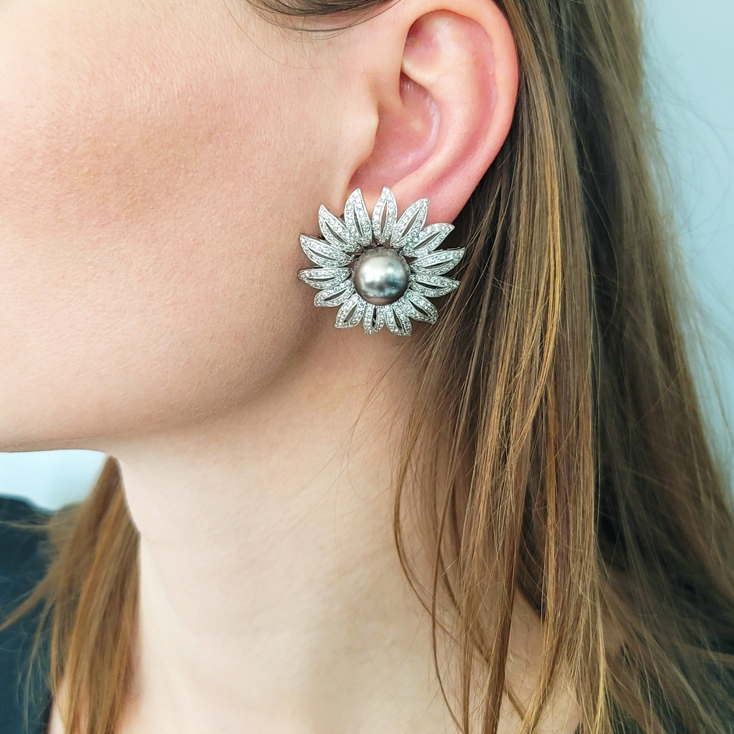 Large Black Pearl And Diamond Flower Earrings / Pins In 18k White Gold