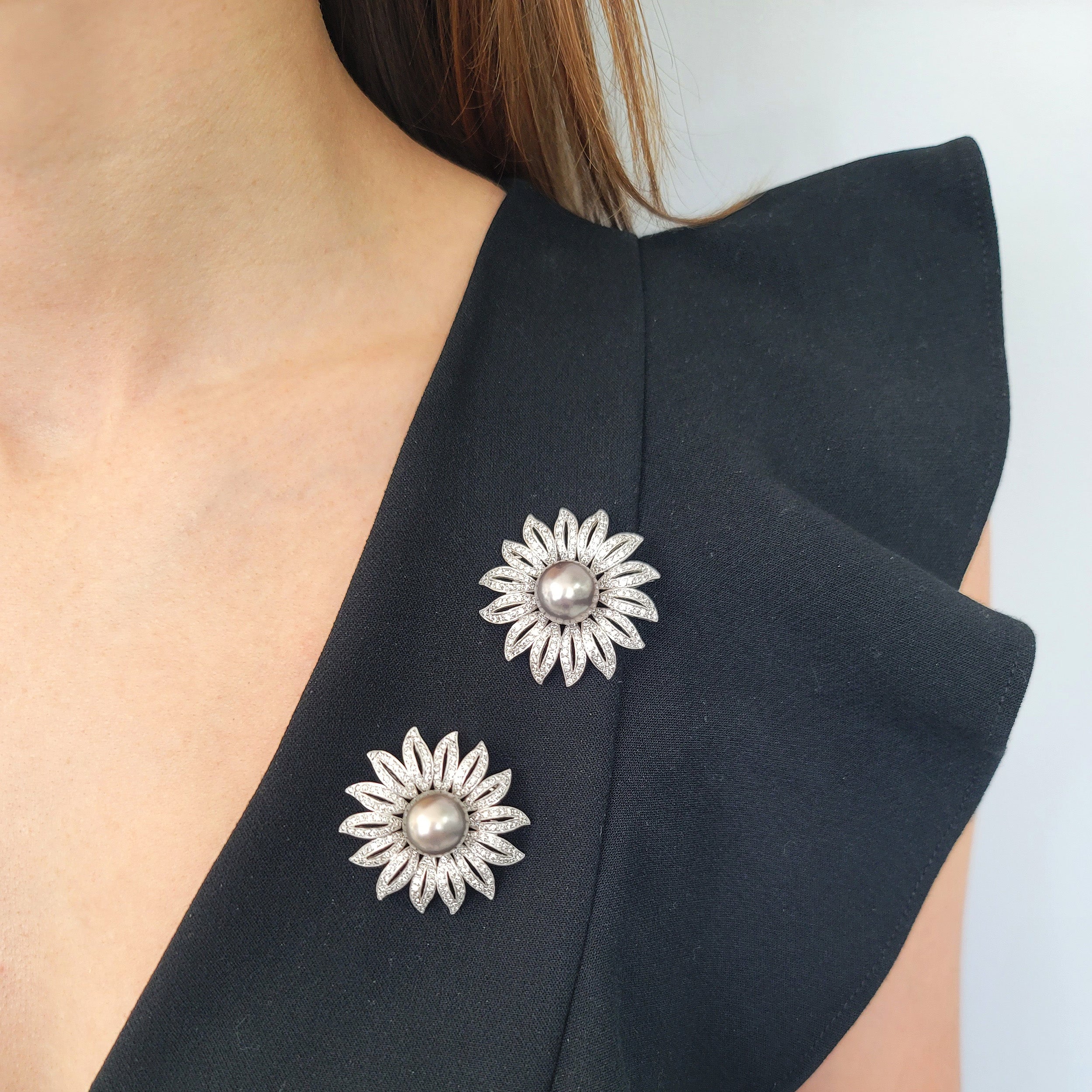 Large Black Pearl And Diamond Flower Earrings / Pins In 18k White Gold