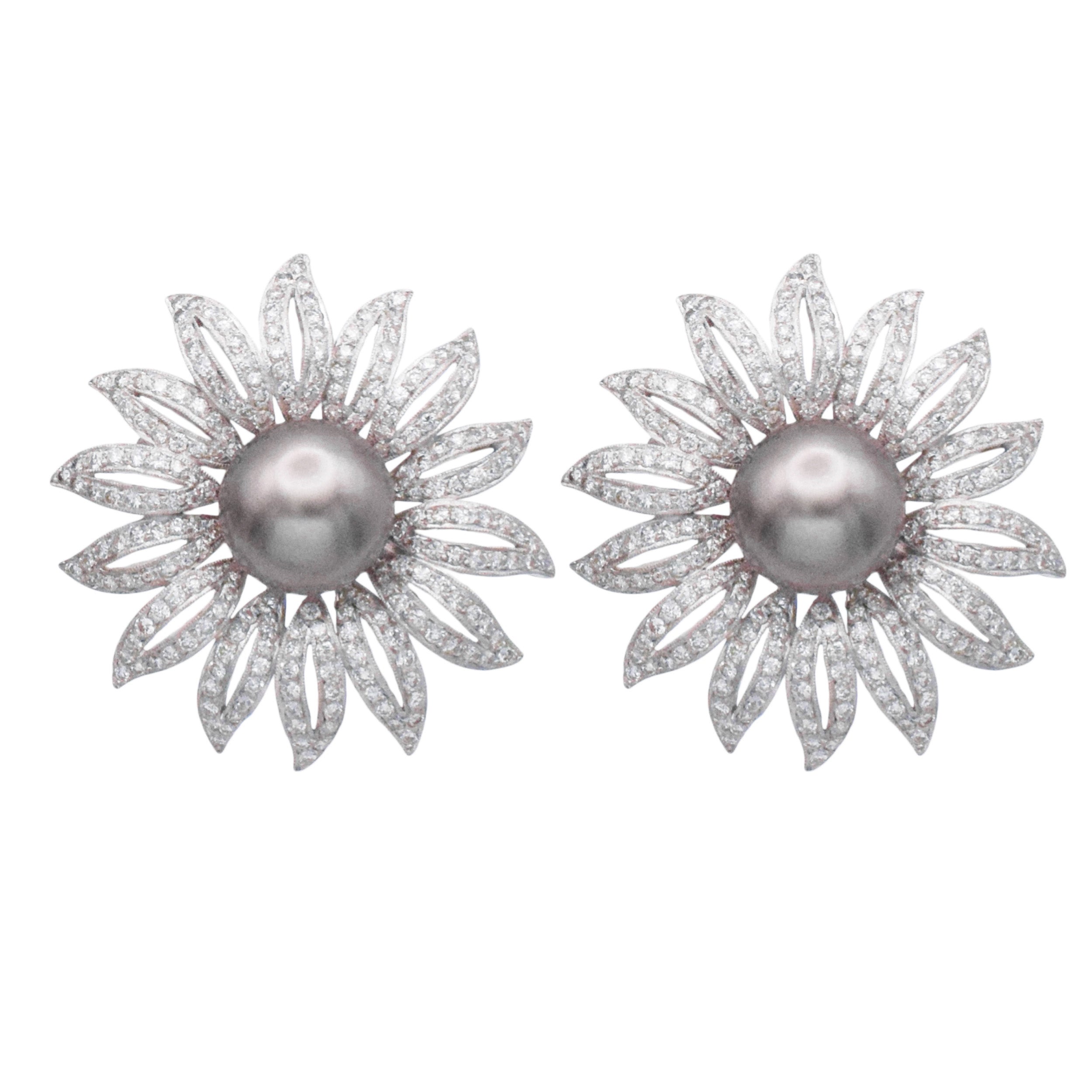 Large Black Pearl And Diamond Flower Earrings / Pins In 18k White Gold