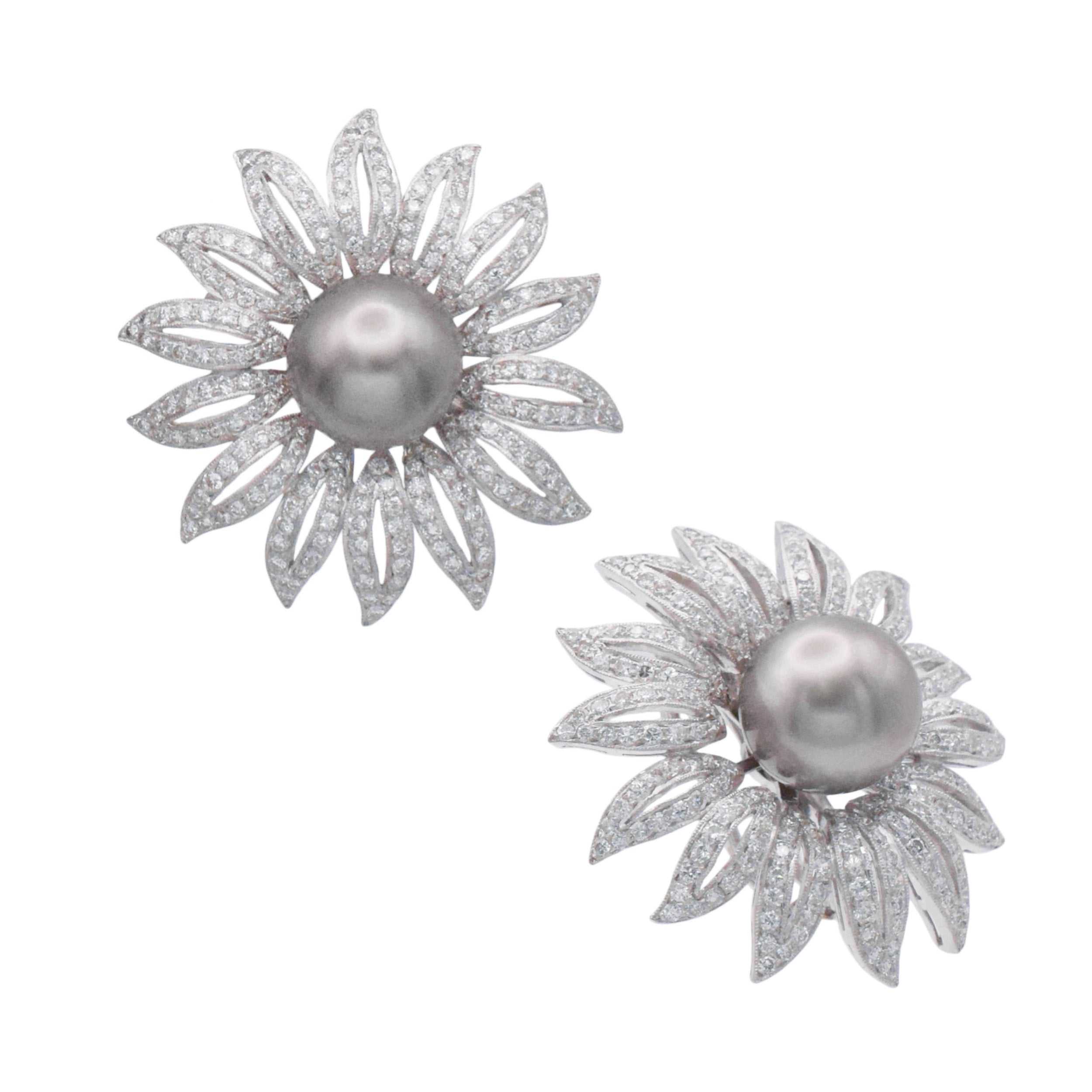 Large Black Pearl And Diamond Flower Earrings / Pins In 18k White Gold