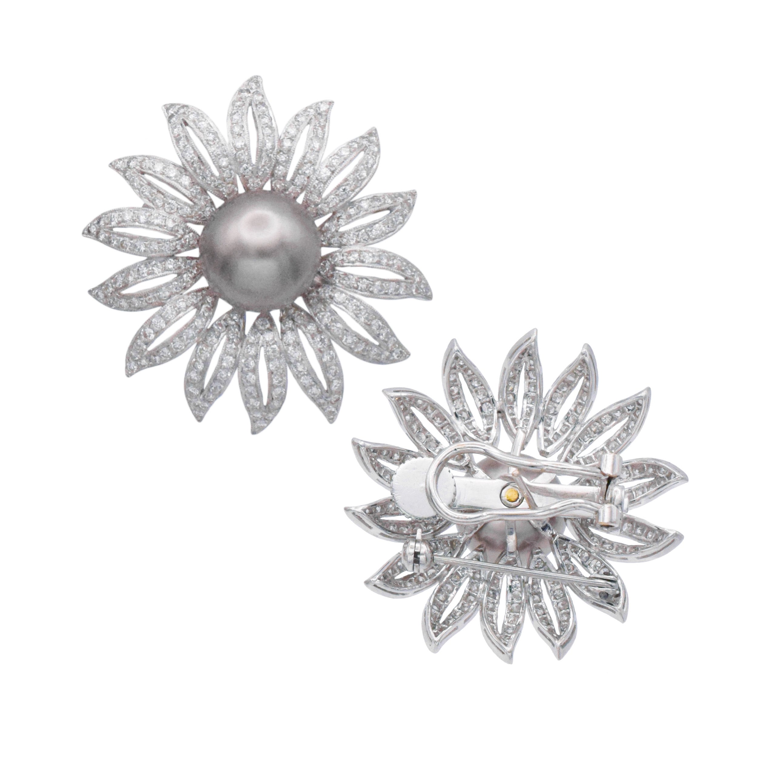 Large Black Pearl And Diamond Flower Earrings / Pins In 18k White Gold