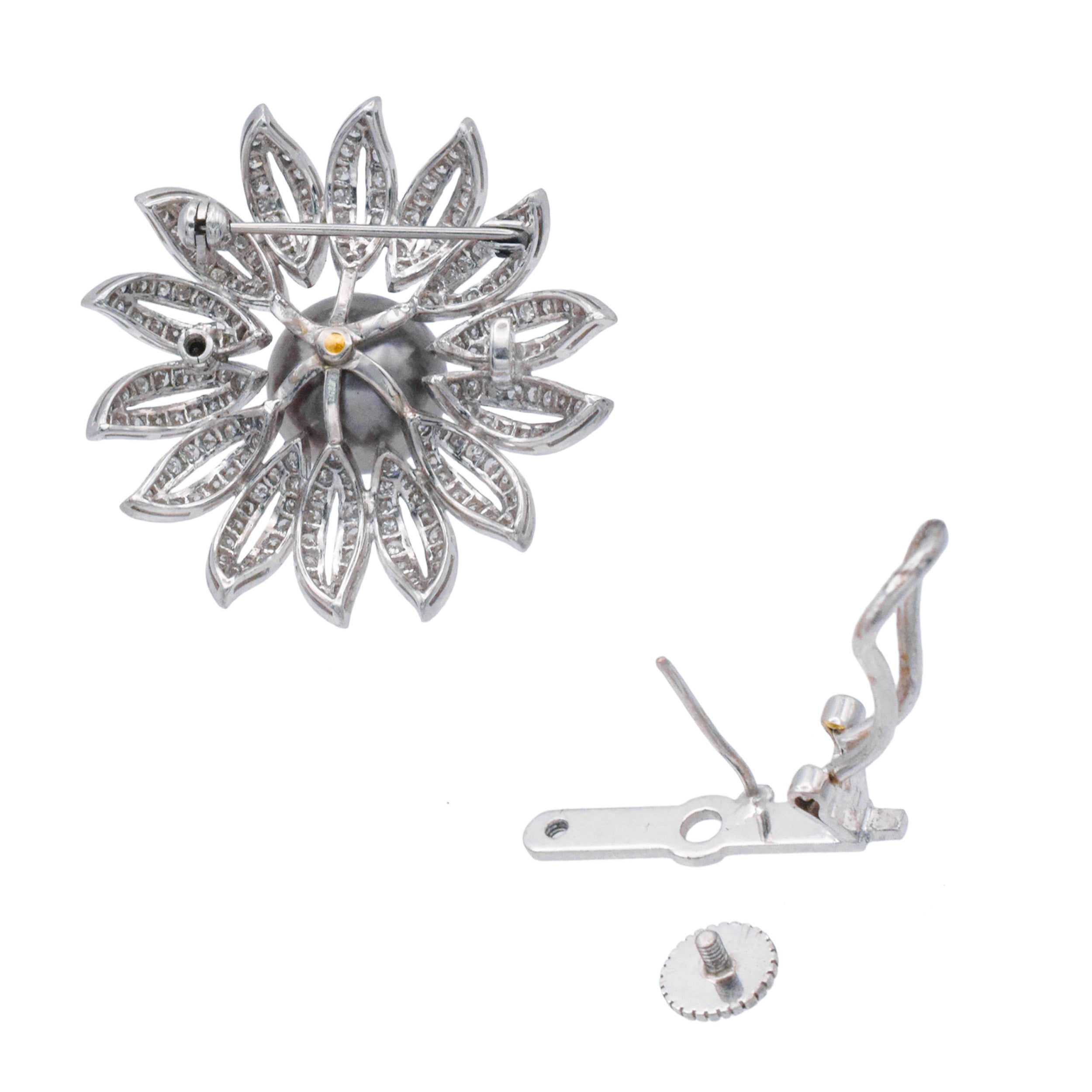 Large Black Pearl And Diamond Flower Earrings / Pins In 18k White Gold