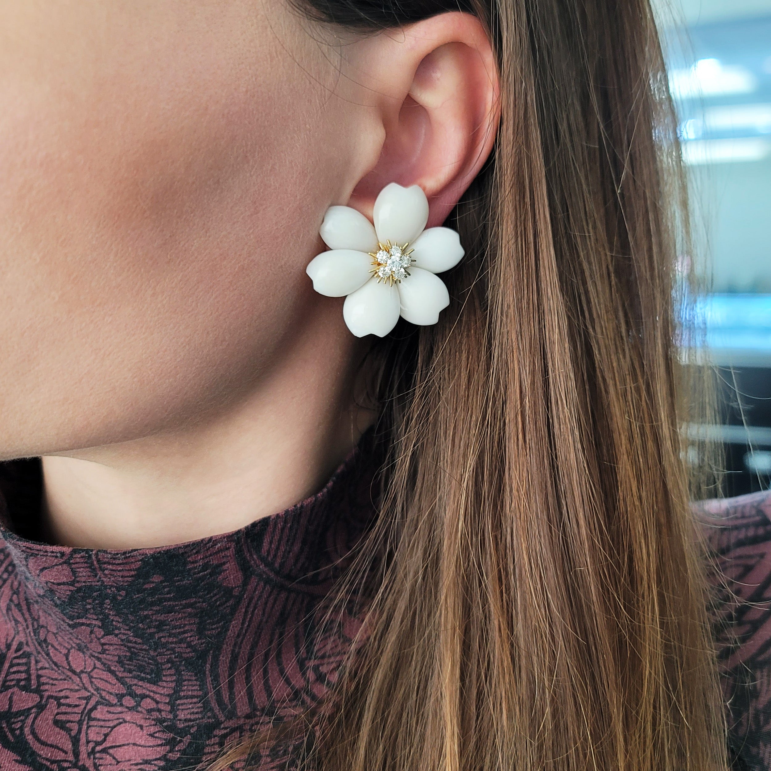 Van Cleef & Arpels White Coral 'Rose de Noel' Ear Clip Earrings In 18k Yellow Gold