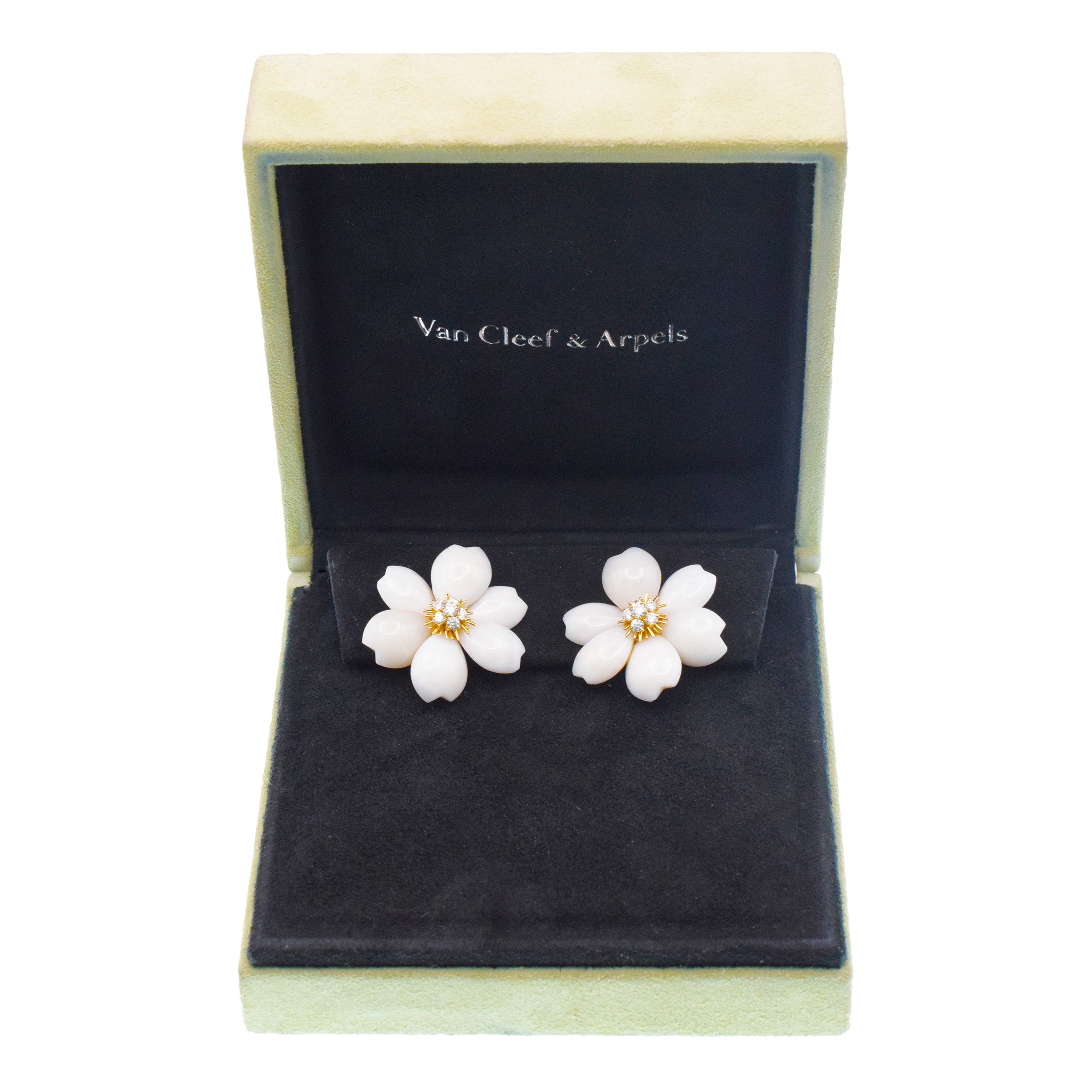 Van Cleef & Arpels White Coral 'Rose de Noel' Ear Clip Earrings In 18k Yellow Gold
