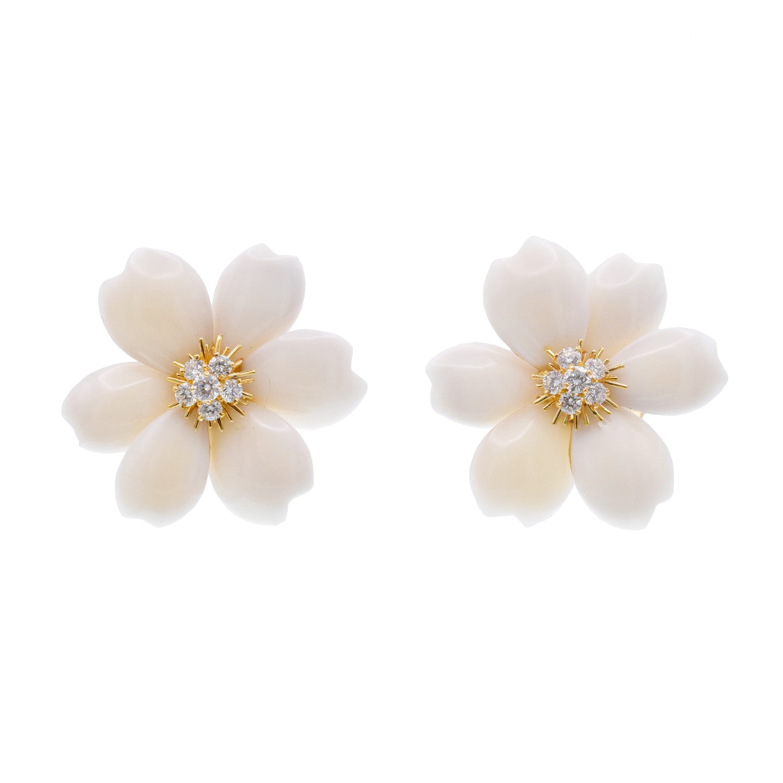 Van Cleef & Arpels White Coral 'Rose de Noel' Ear Clip Earrings In 18k Yellow Gold