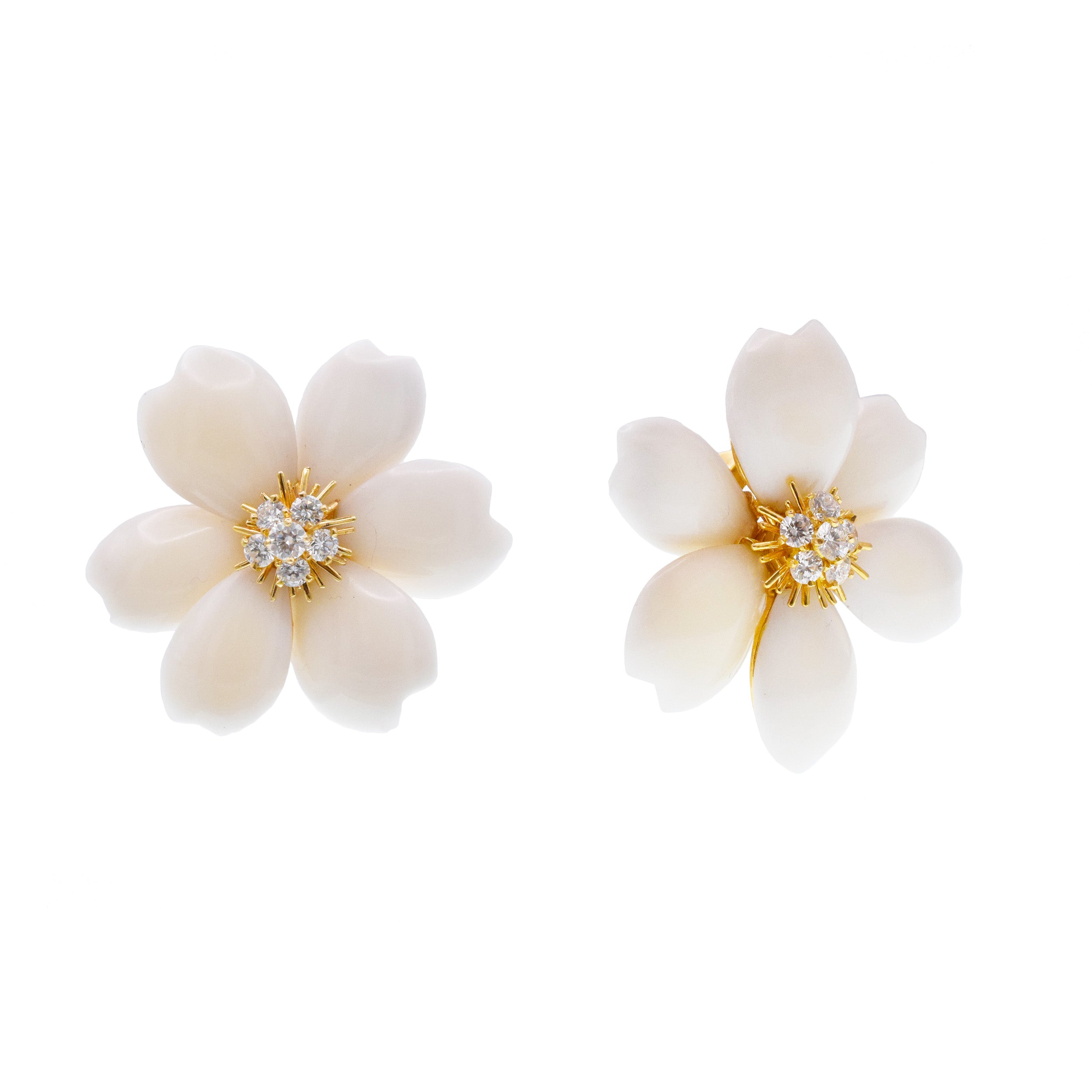 Van Cleef & Arpels White Coral 'Rose de Noel' Ear Clip Earrings In 18k Yellow Gold