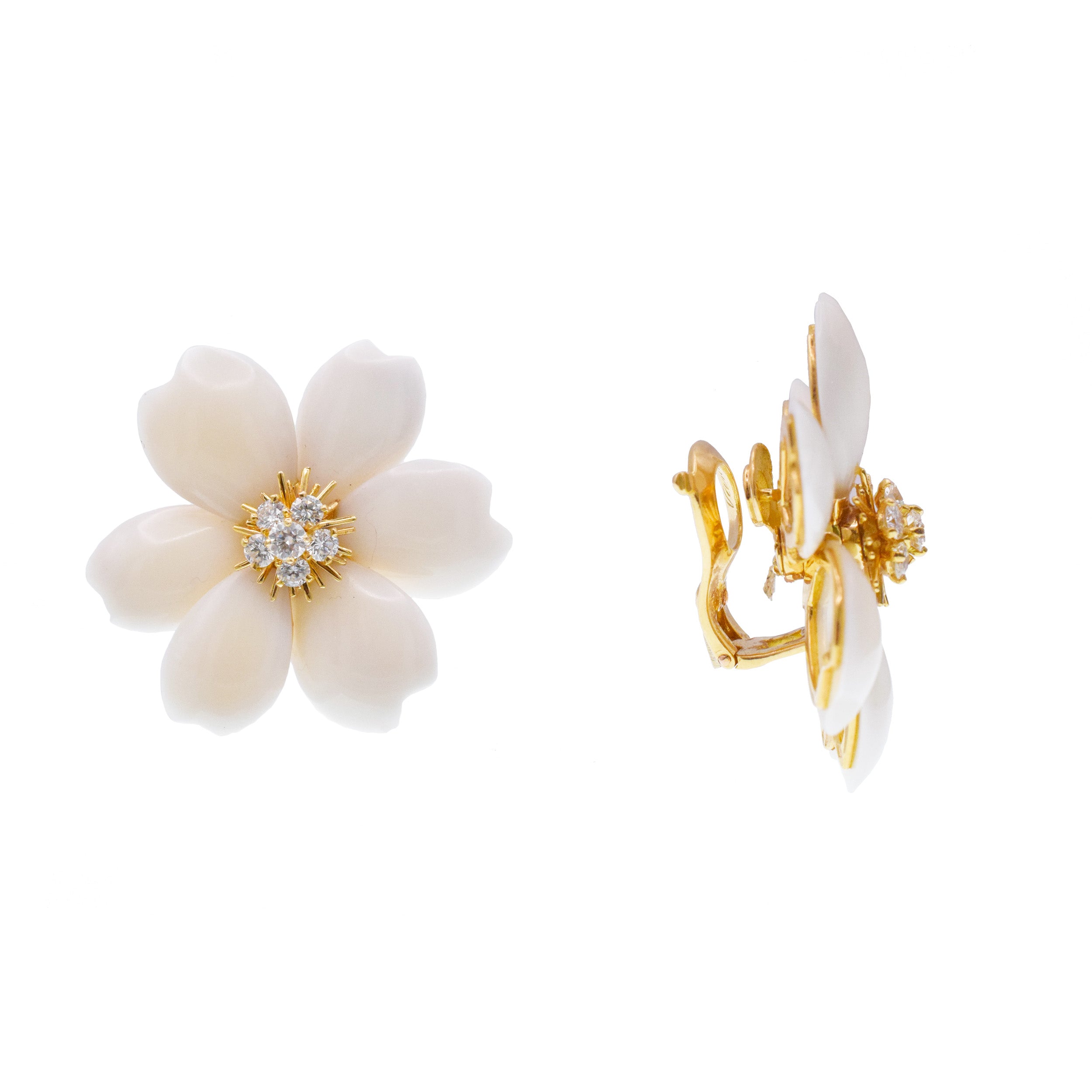 Van Cleef & Arpels White Coral 'Rose de Noel' Ear Clip Earrings In 18k Yellow Gold