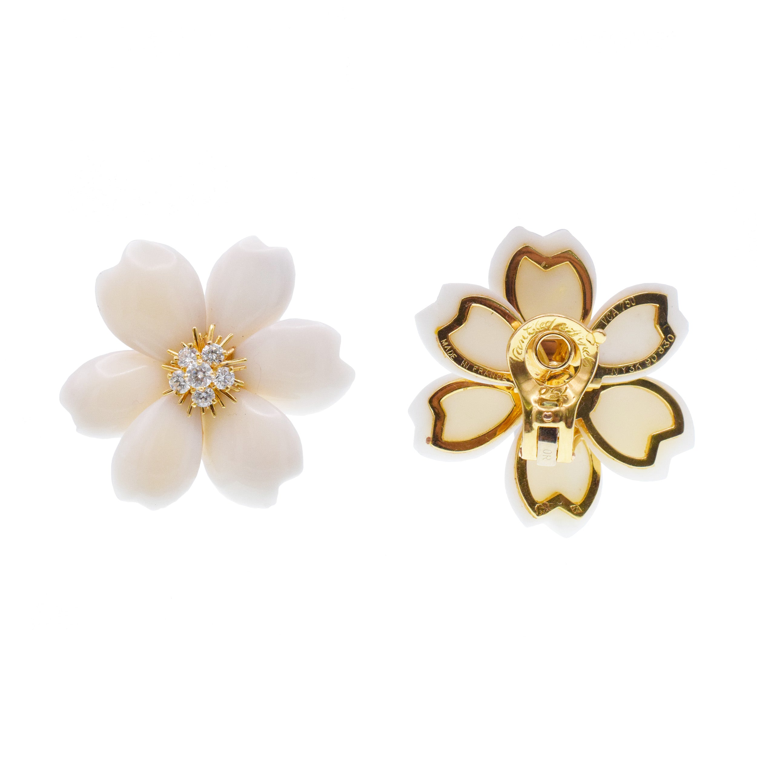Van Cleef & Arpels White Coral 'Rose de Noel' Ear Clip Earrings In 18k Yellow Gold